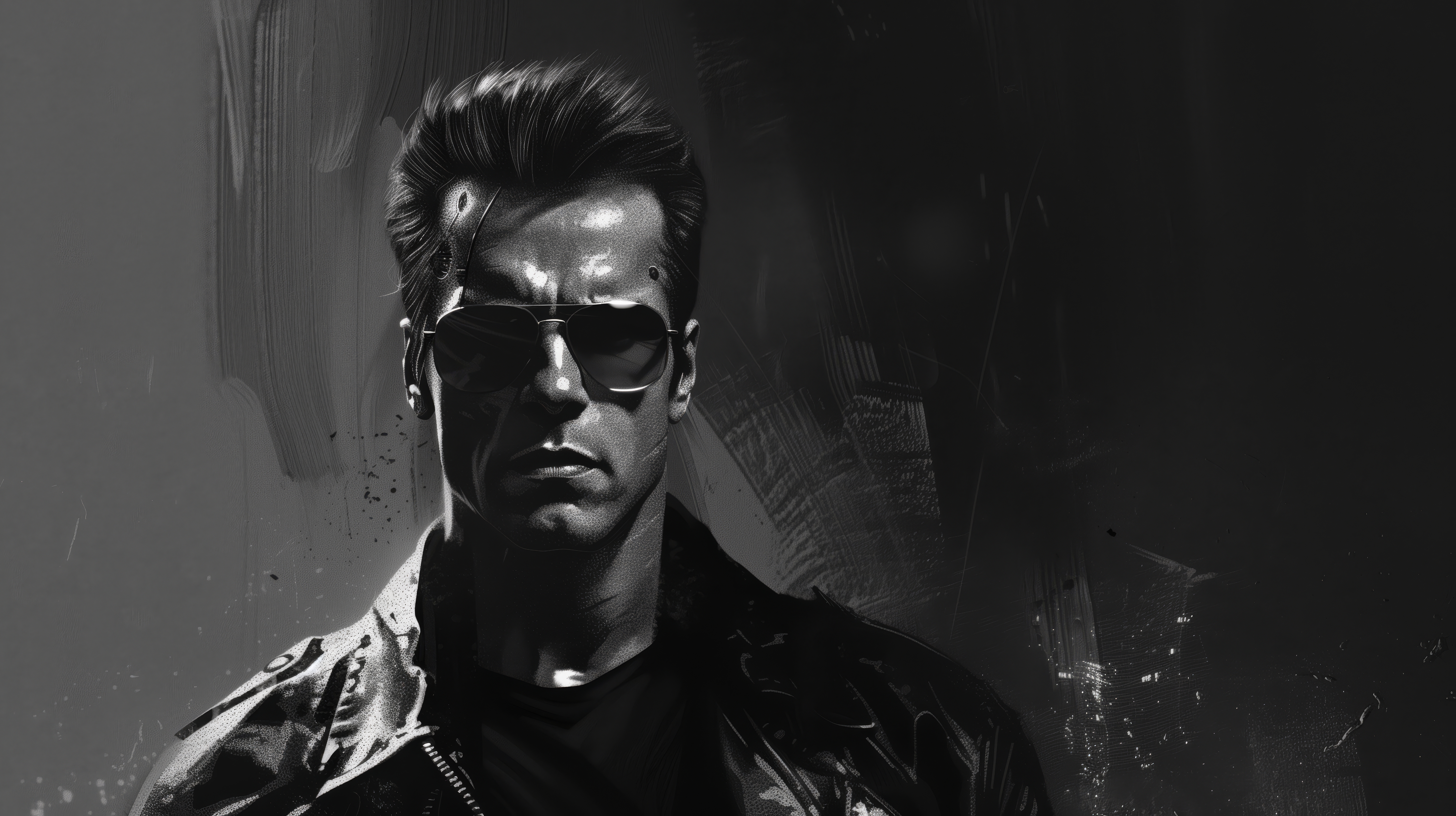 General 5824x3264 AI art illustration Arnold Schwarzenegger simple background men monochrome jacket closed mouth sunglasses