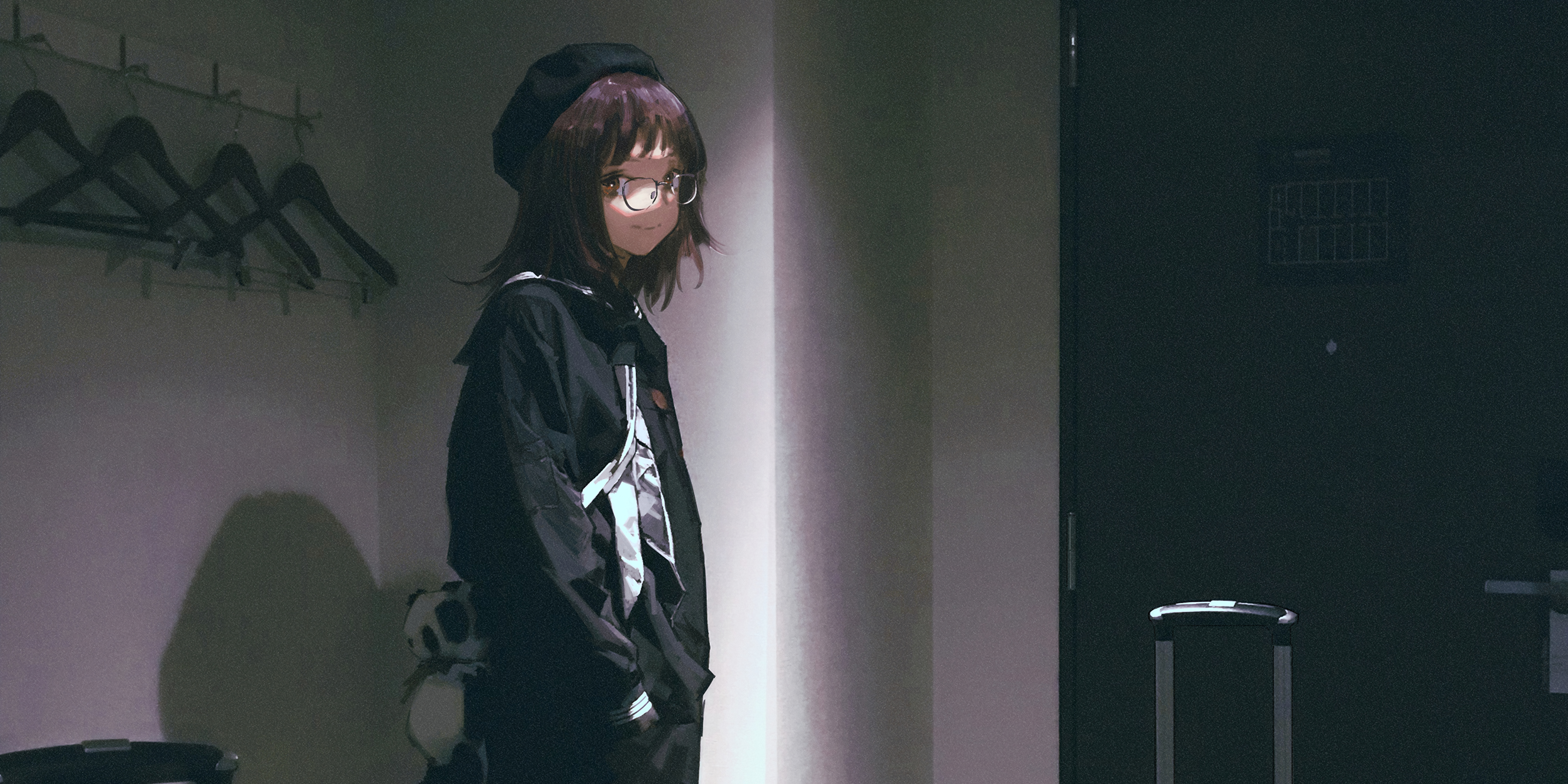 Anime 4200x2100 Wang Xi anime girls anime looking at viewer hat women with hats glasses women with glasses closed mouth short hair long sleeves hanger indoors women indoors standing brunette brown eyes film grain black clothing smiling