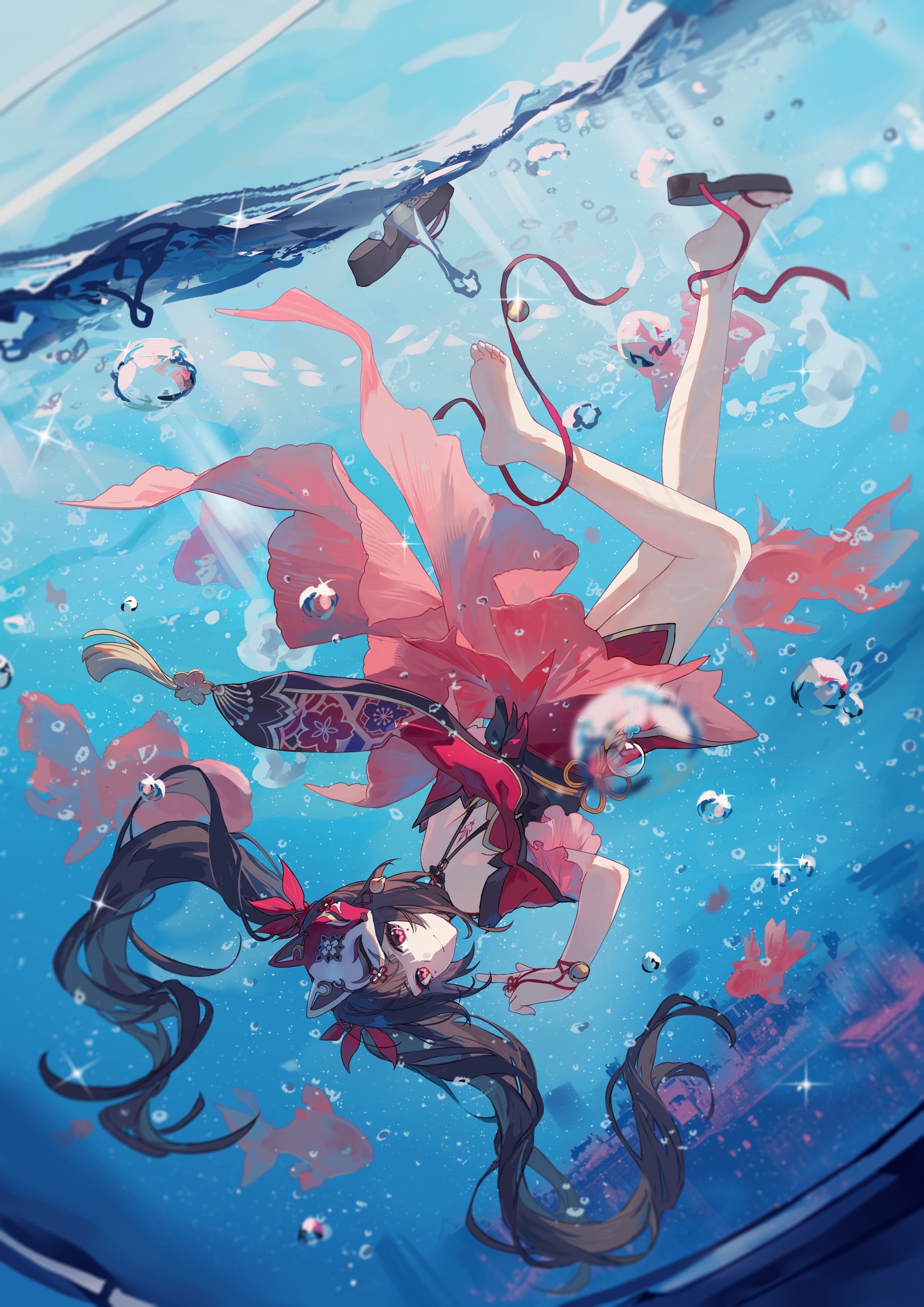 Anime 3000x4242 Honkai: Star Rail long hair portrait display brunette Sparkle (Honkai: Star Rail) underwater red dress looking at viewer bubbles fish hair ornament Qqqne upside down foot sole twintails anime girls closed mouth barefoot in water