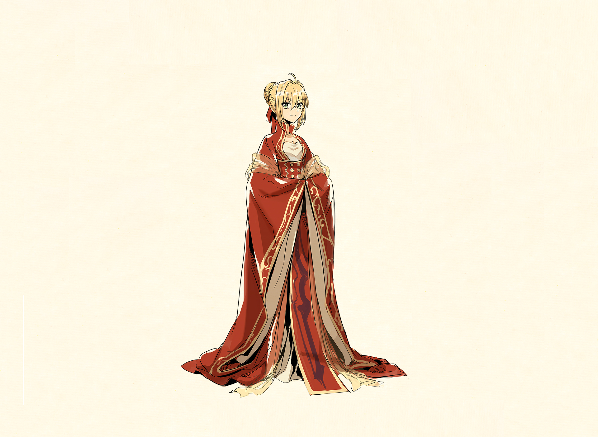 Anime 1920x1404 zerocastle Fate series Fate/Extra Fate/Extra CCC Nero Claudius Saber red ribbon Chinese clothing ahoge long sleeves hairbun anime girls Traditional Chinese clothing blonde standing arms crossed green eyes hair between eyes smiling simple background solo closed mouth anime wide sleeves
