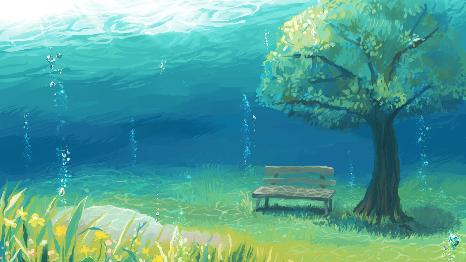 General 1920x1080 underwater bench artwork digital art bubbles bright trees leaves water grass