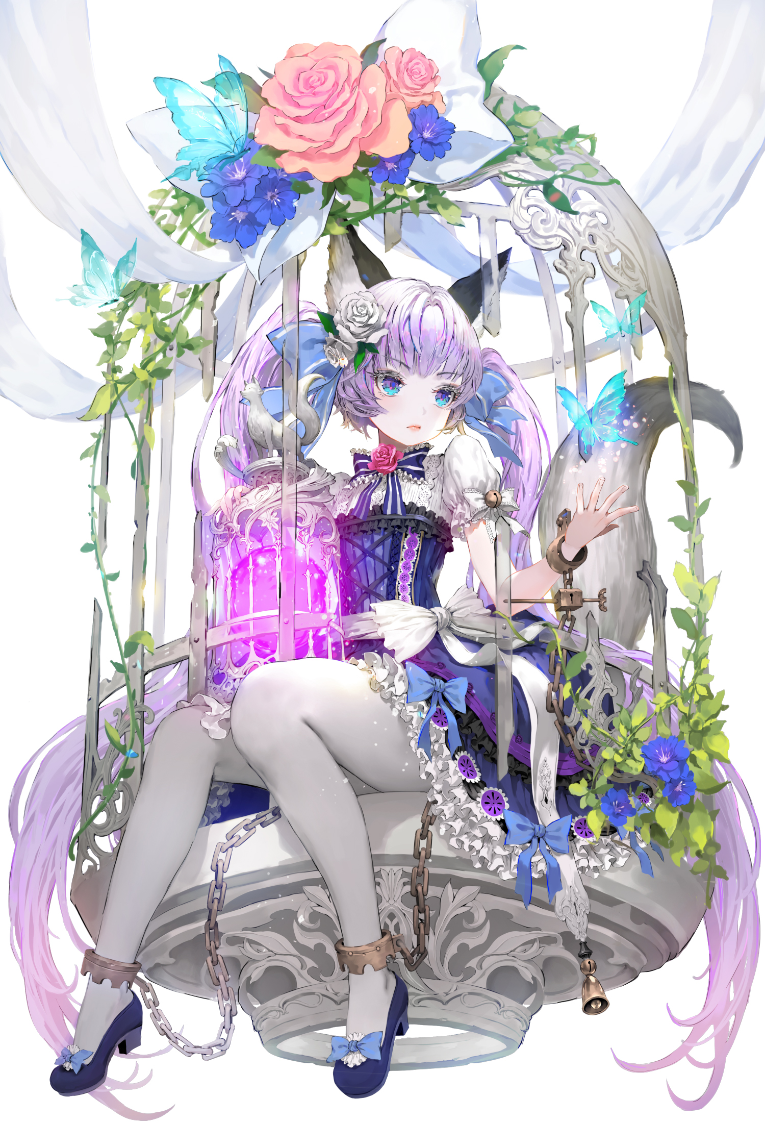 Anime 1500x2250 Tob portrait display Blue Butterflies birdcage looking sideways long hair blue eyes closed mouth flowers animal ears twintails hair ribbon purple hair pantyhose white pantyhose cages white background vines simple background locks sitting floating particles dress chains frills anime girls bent legs anime