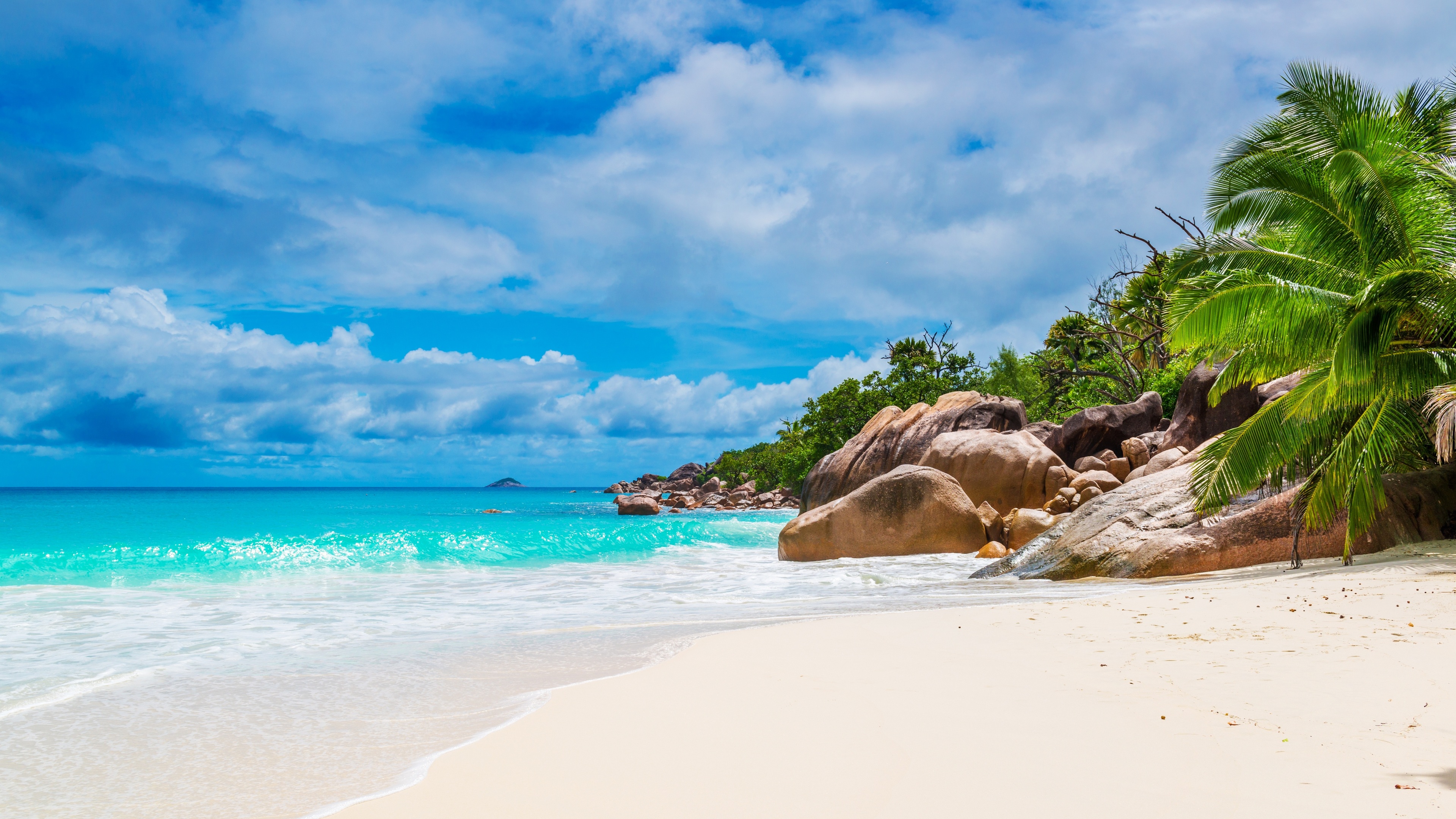 General 3840x2160 nature tropic island Seychelles beach sea rocks palm trees sky clouds sand waves stones