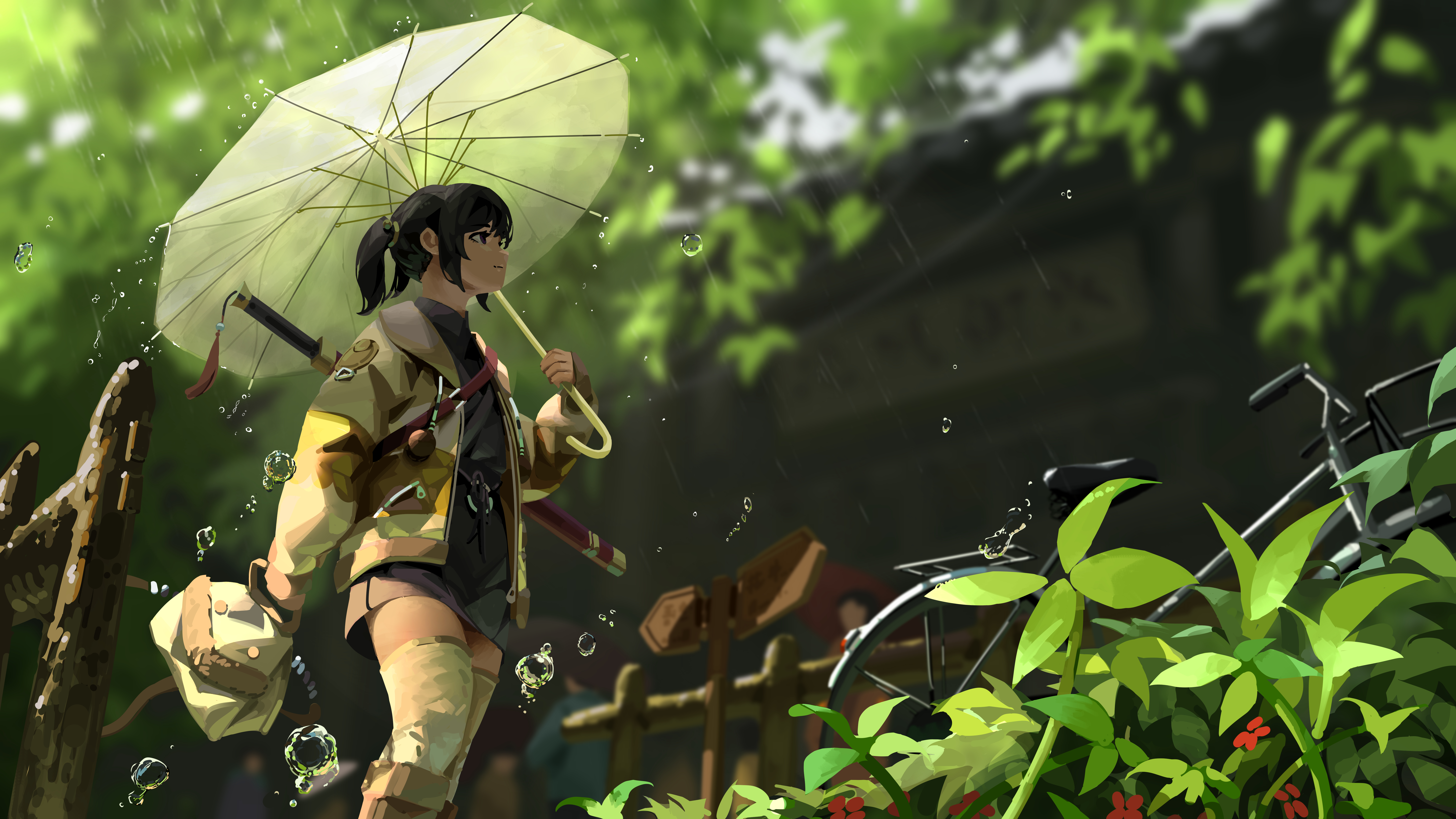Anime 7680x4320 artwork rain umbrella sword water drops hand bags green bicycle anime anime girls plants Kan Liu