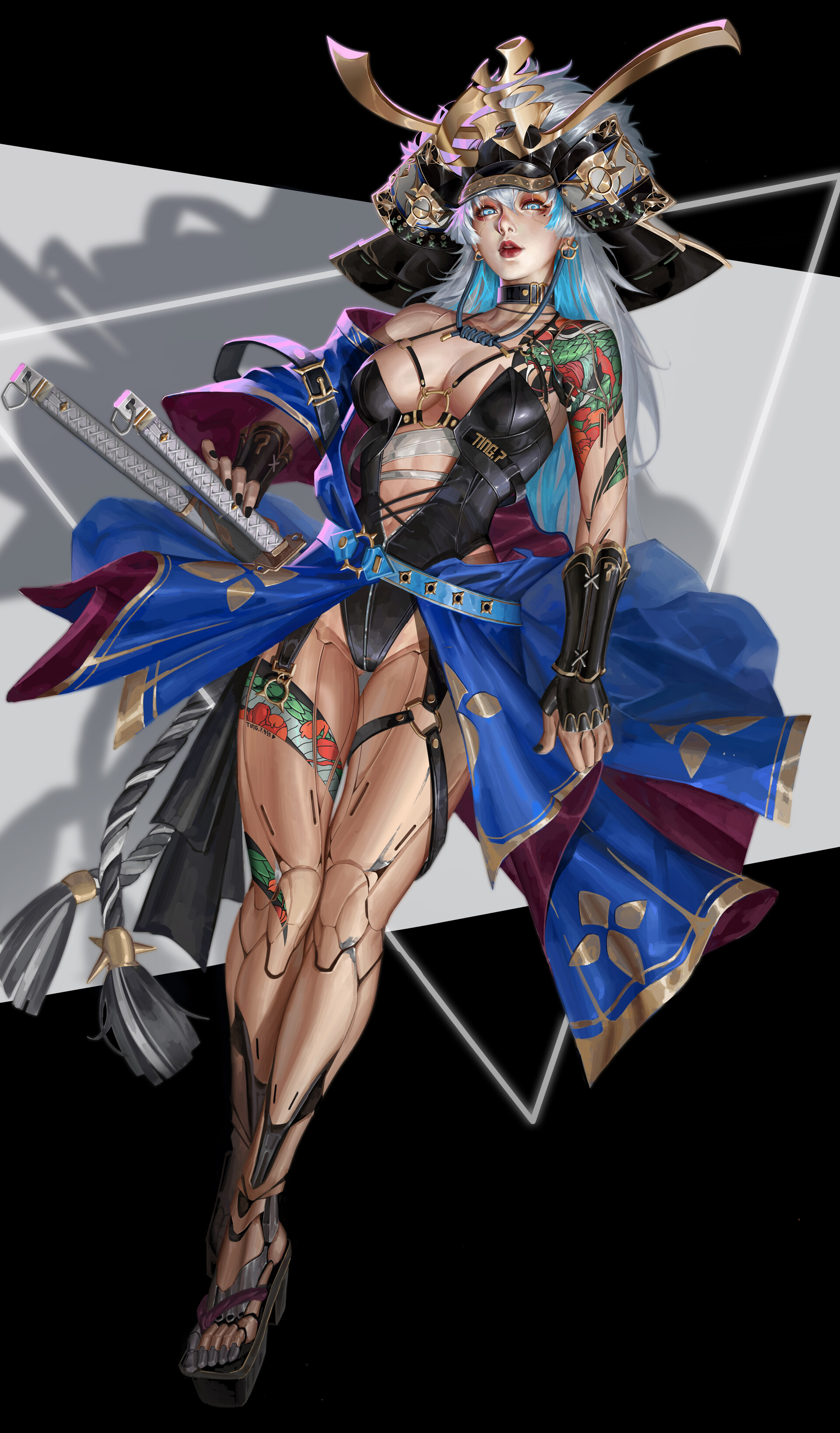 General 1920x3275 Zhongguo Duliu drawing women blue hair androids dress blue clothing weapon katana skimpy clothes straps triangle sword boobs tattoo two tone hair choker cleavage thighs digital art portrait display