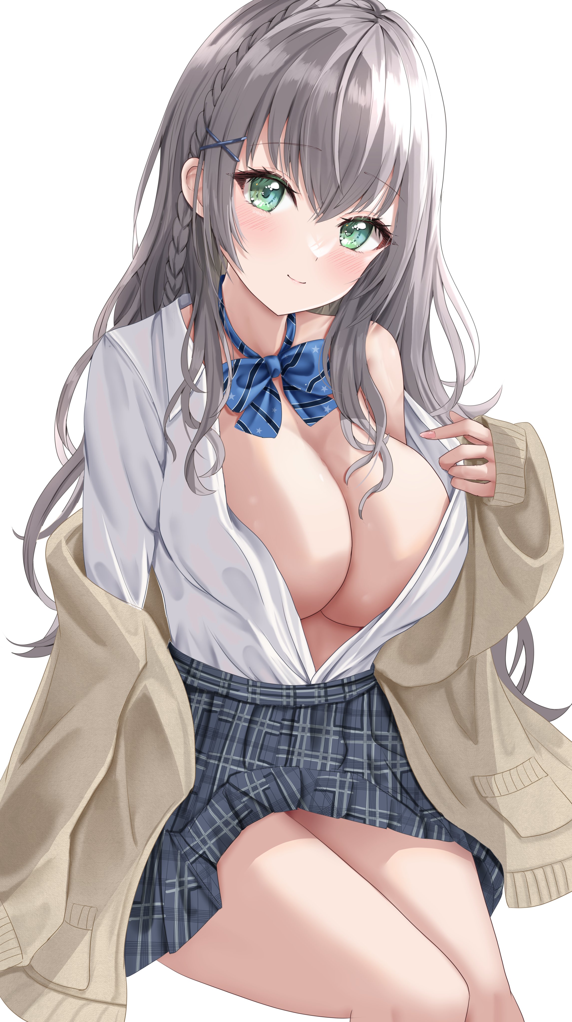 Anime 2291x4096 anime girls boobs open shirt no bra bow tie schoolgirl school uniform braids blue eyes portrait display big boobs