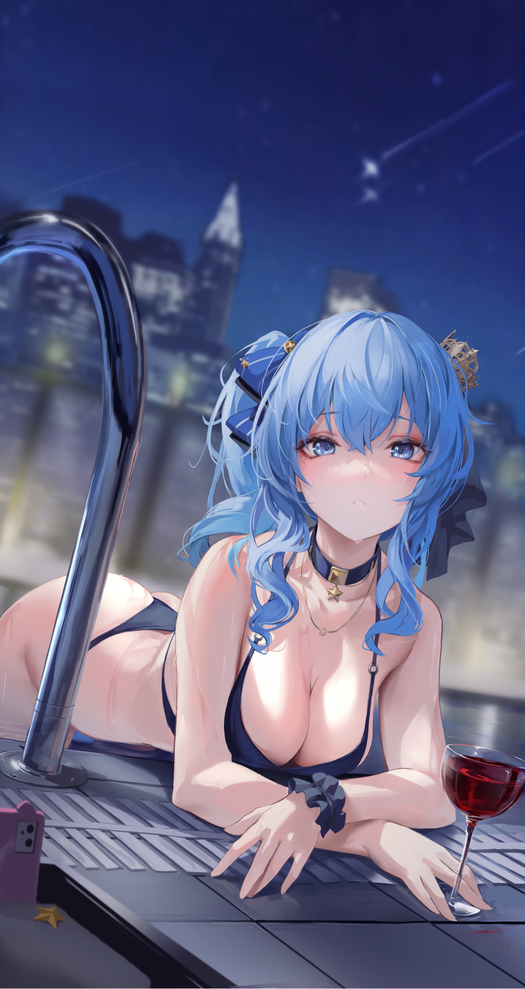 Anime 1080x2031 lying on front blue hair blue eyes bikini blue bikini choker ass swimming pool looking at viewer wine wine glass phone depth of field starry night bent over hair ornament Hoshimachi Suisei Virtual Youtuber Hololive anime girls cleavage