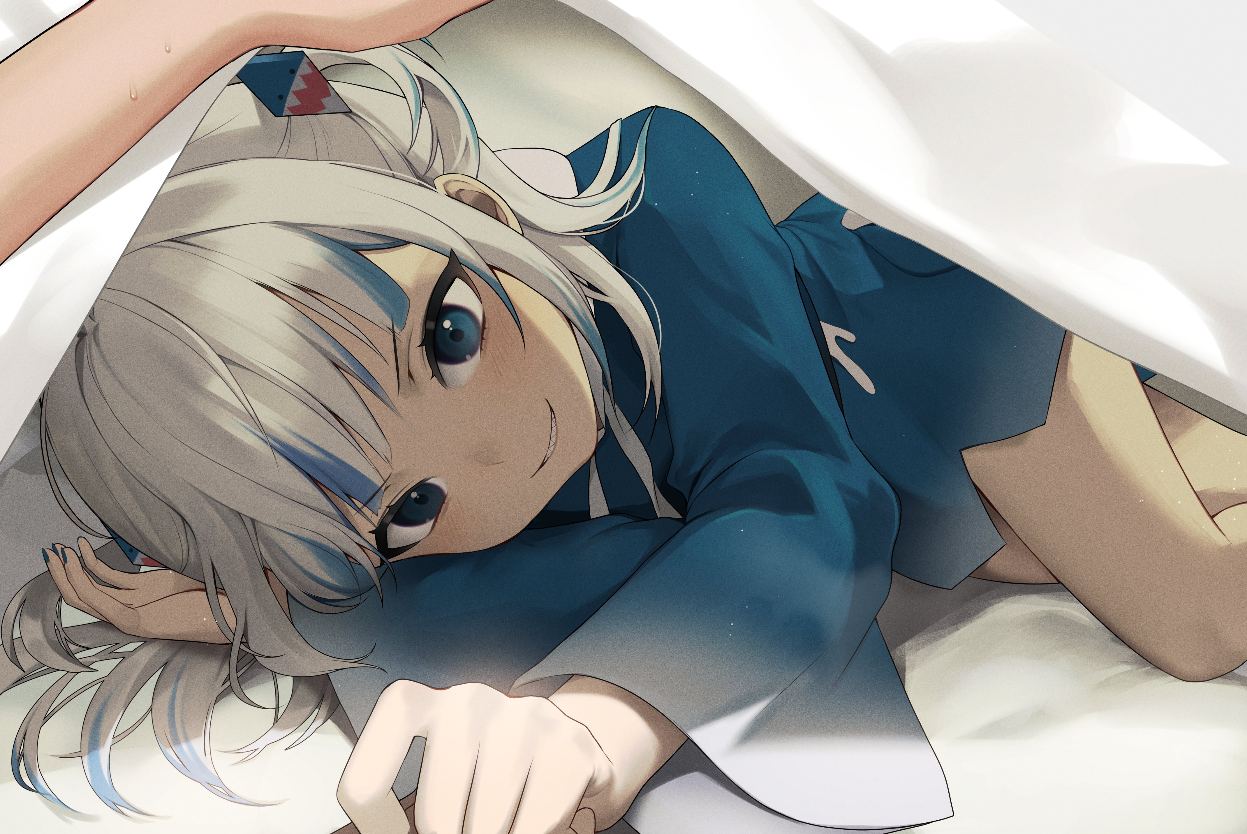 Anime 4096x2741 Hololive Hololive English Gawr Gura blue eyes Virtual Youtuber white hair in bed shark girl POV anime girls bed lying on side loli
