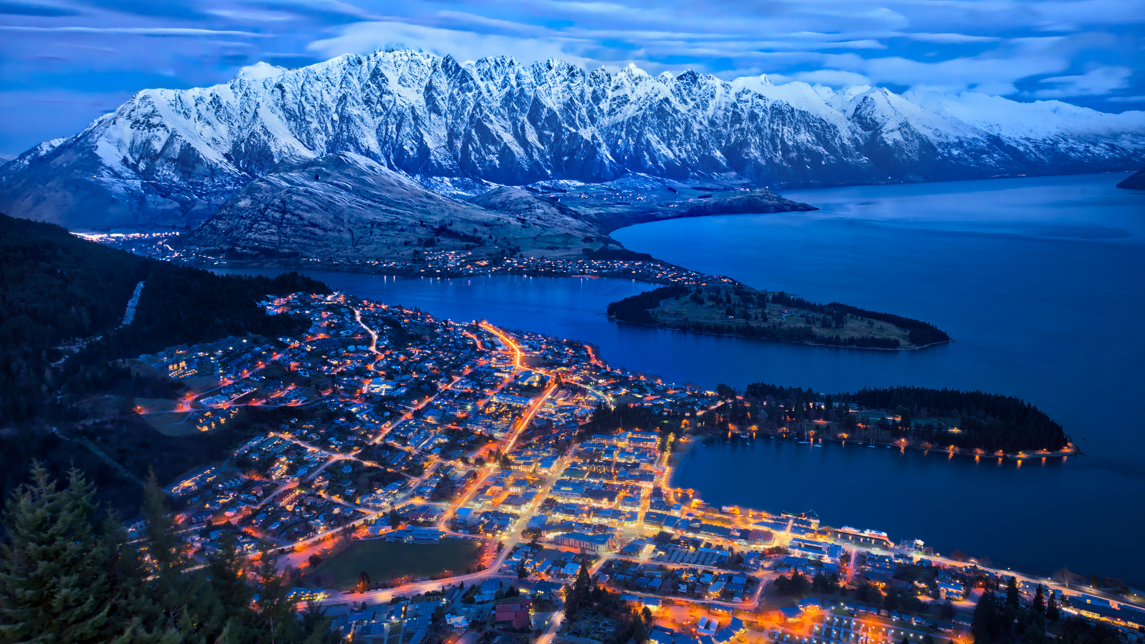 General 3840x2160 landscape 4K New Zealand cityscape mountains snow city lights night water Queenstown mountain chain aerial view peninsula downtown