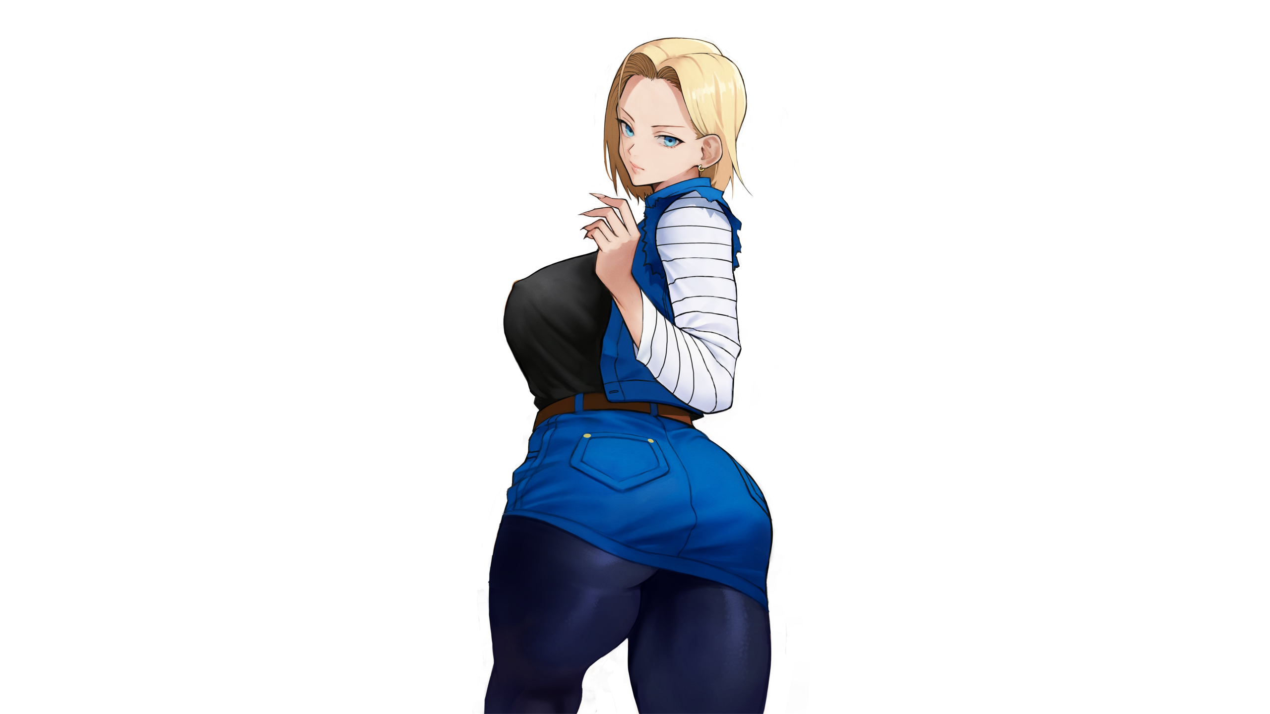 Anime 2560x1440 anime anime girls ecchi simple background white background Dragon Ball Z Android 18 big boobs nipples through clothing ass thick ass thighs thick thigh thigh-highs miniskirt pantyhose blue pantyhose denim skirt huge breasts Yoshio (artist) looking back minimalism blonde blue eyes