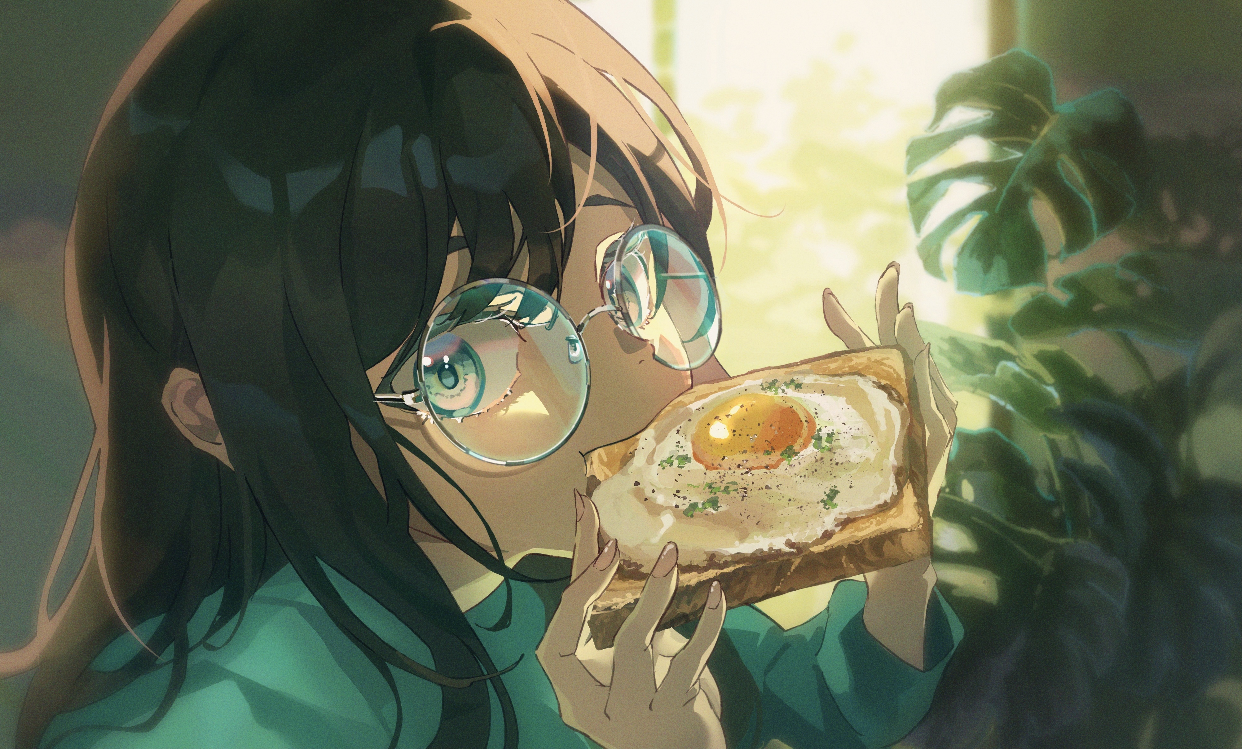 Anime 4008x2417 anime anime girls digital art artwork Pixiv looking at viewer 2D anime girls eating toasts eggs leaves glasses
