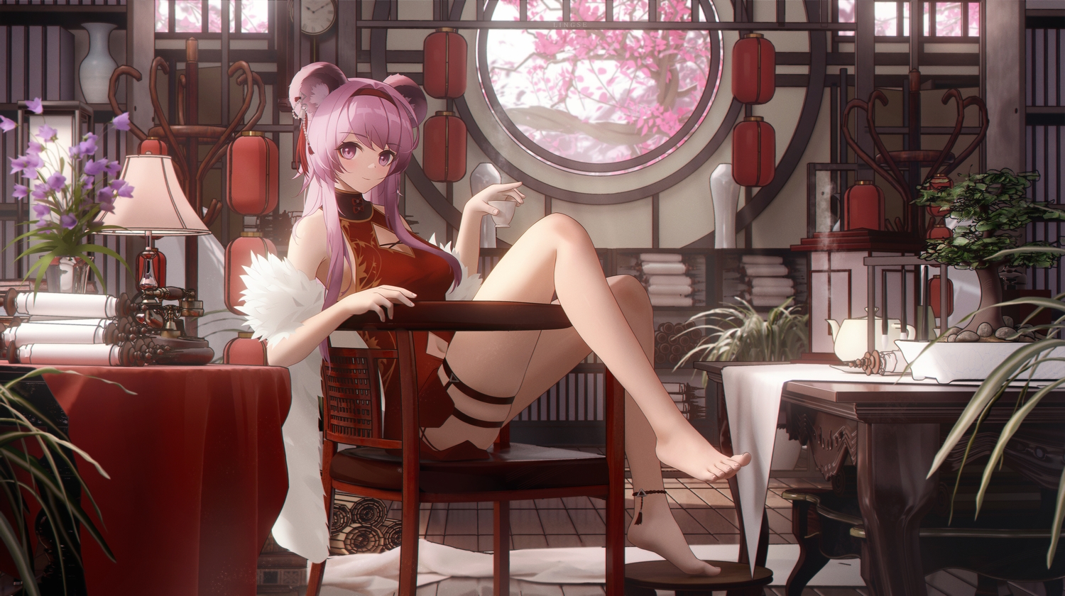 Anime 1500x840 anime anime girls legs thighs Chinese dress mouse ears mouse girls flowers plants feet Arknights Lin Yuhsia (Arknights) cleavage cutout