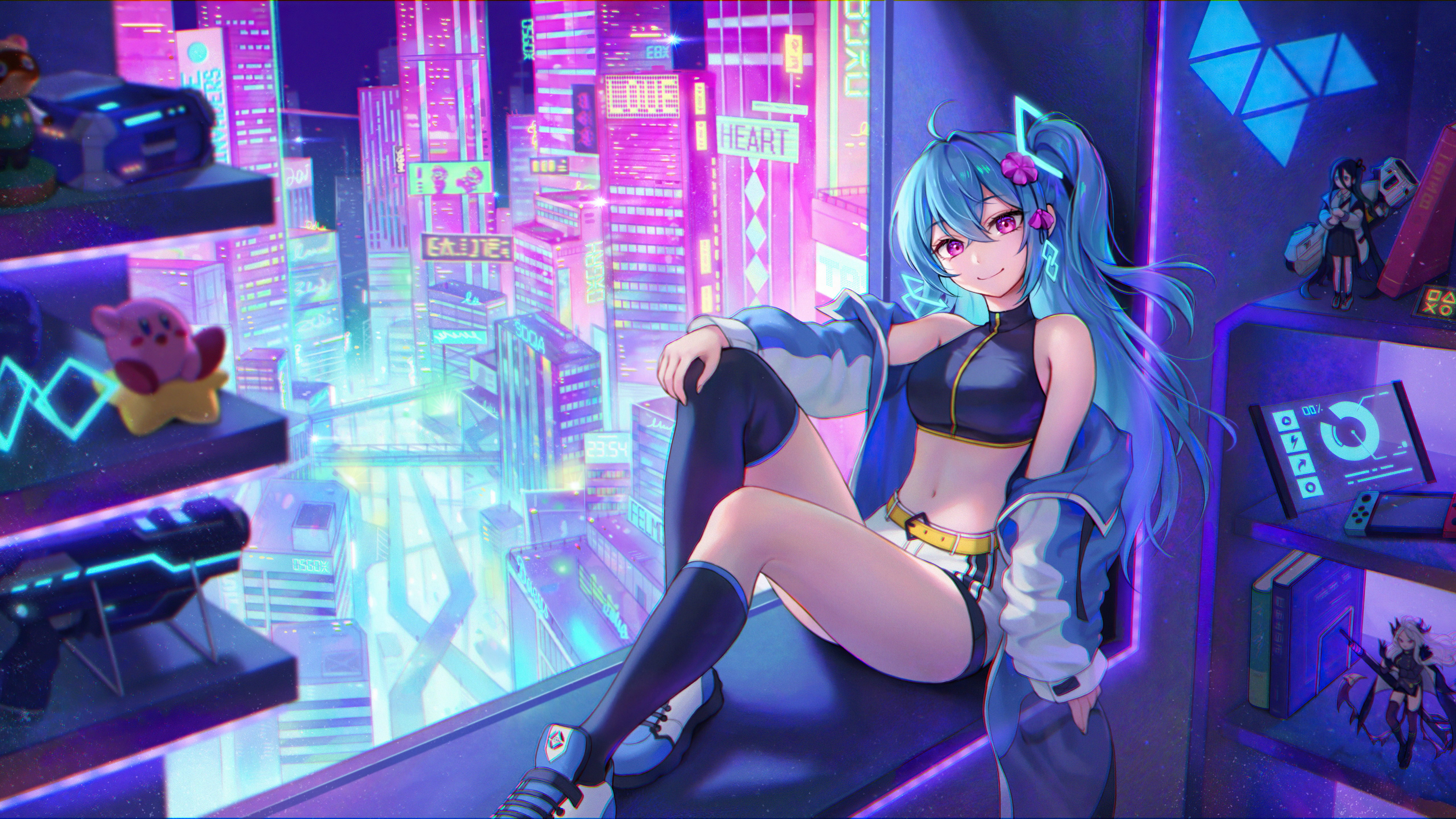 Anime 5120x2880 anime anime girls anaglyphic belly purple eyes city lights city Nintendo Switch figurines