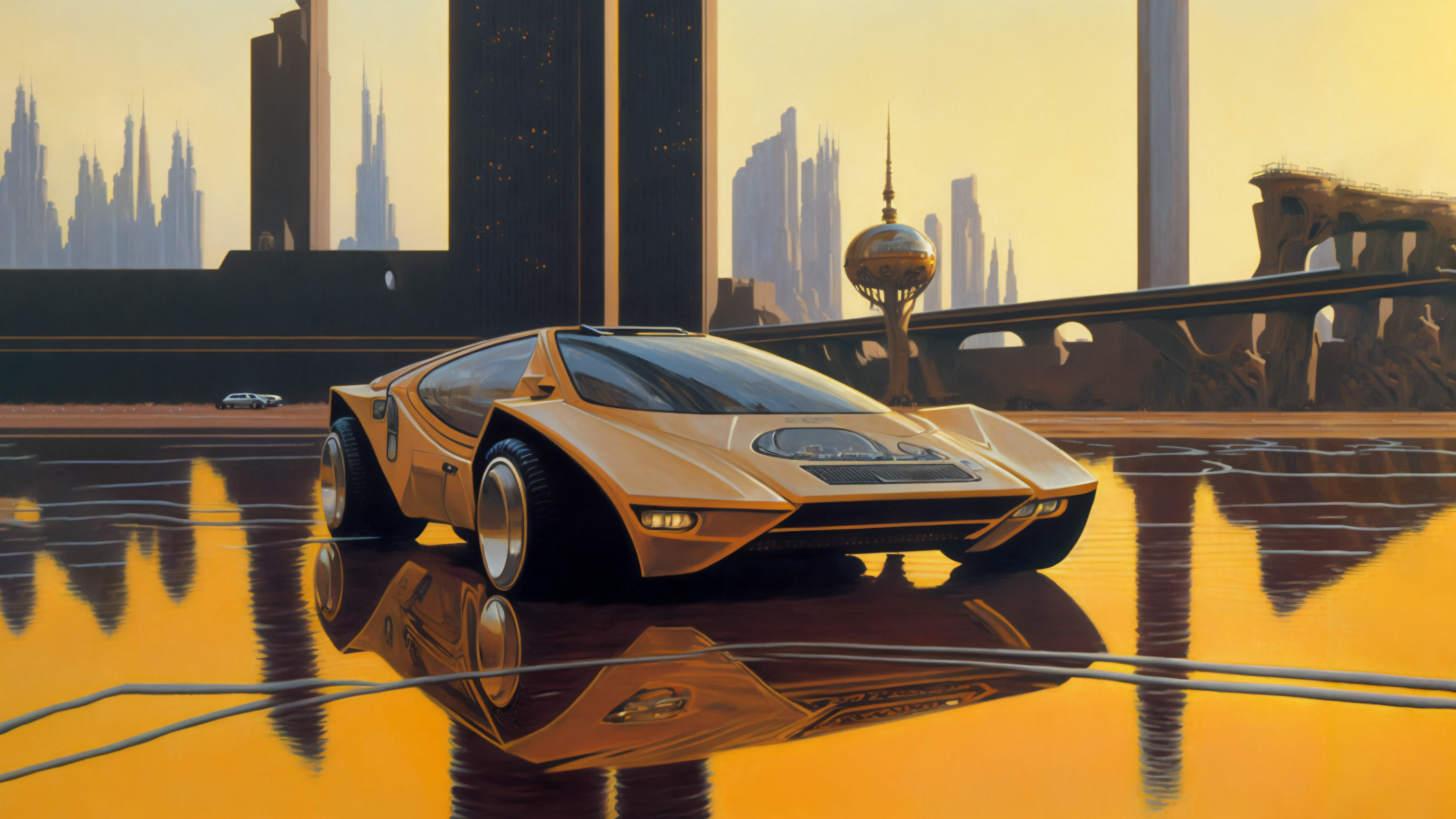 General 3640x2048 sports car illustration reflection futuristic AI art asymmetrical car retro science fiction