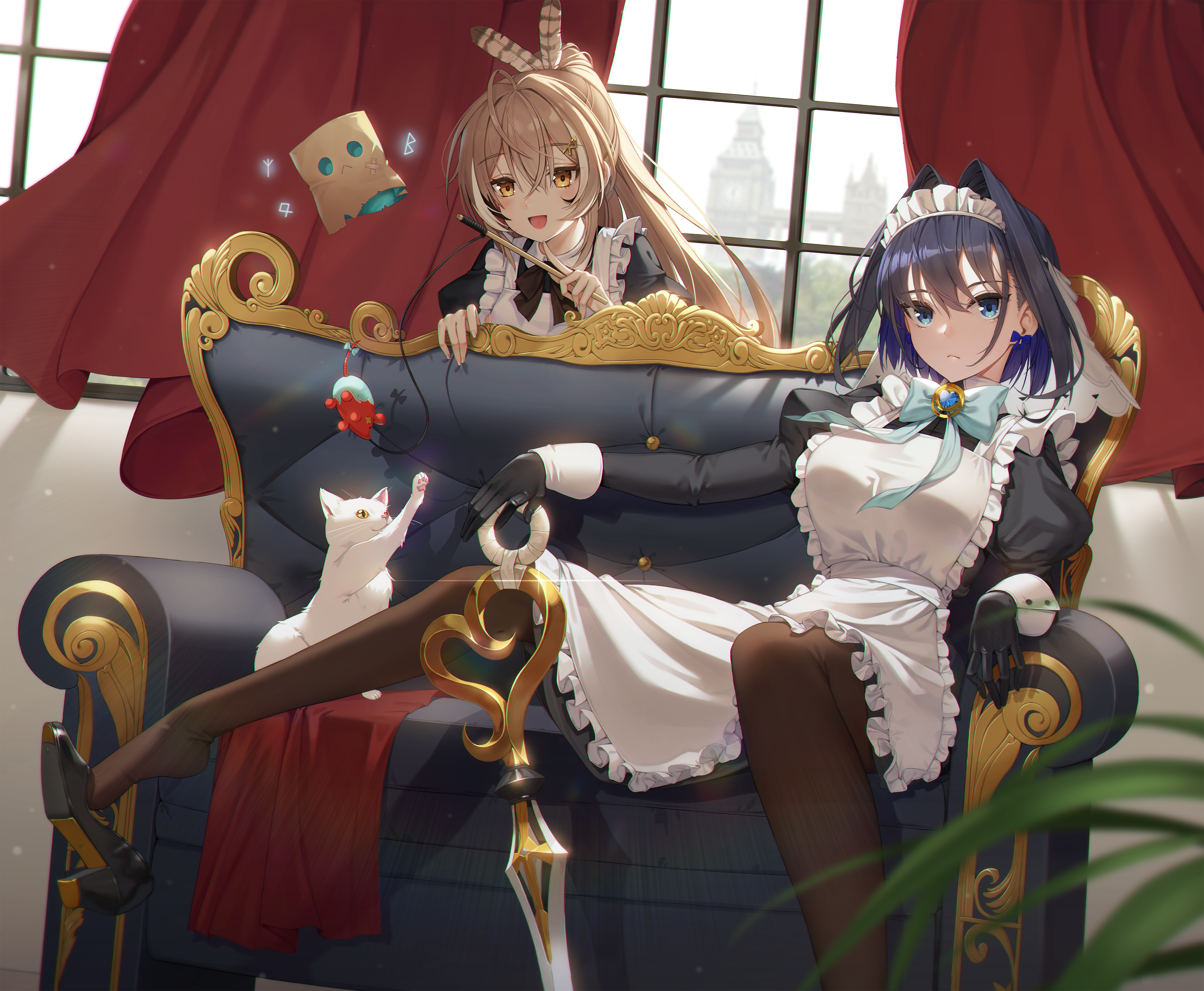 Anime 4000x3295 anime girls maid maid outfit couch Hololive Virtual Youtuber Ouro Kronii cats Nanashi Mumei leaves