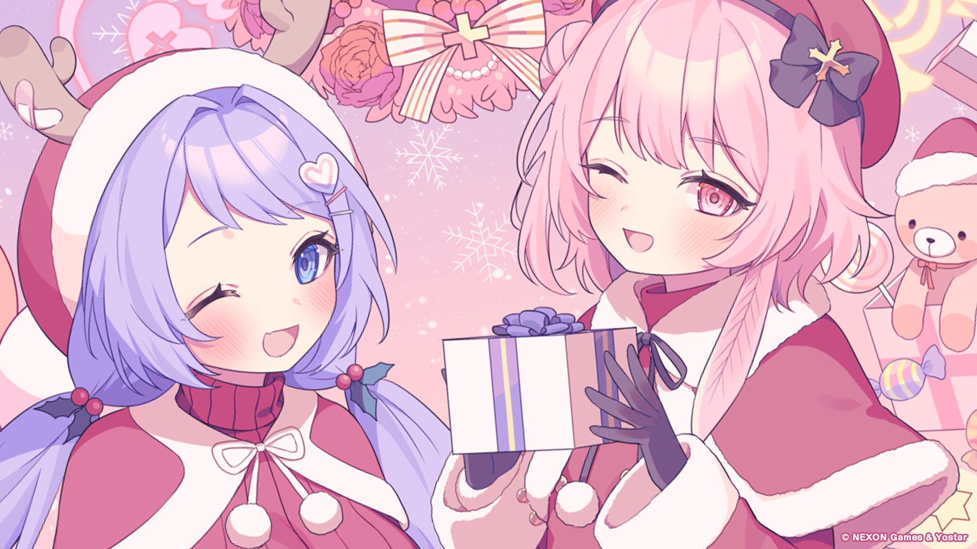 Anime 1920x1080 Blue Archive anime girls one eye closed Christmas presents Christmas clothes Christmas gloves teddy bears antlers Band-Aid blushing candy bow tie looking at viewer wink snowflakes