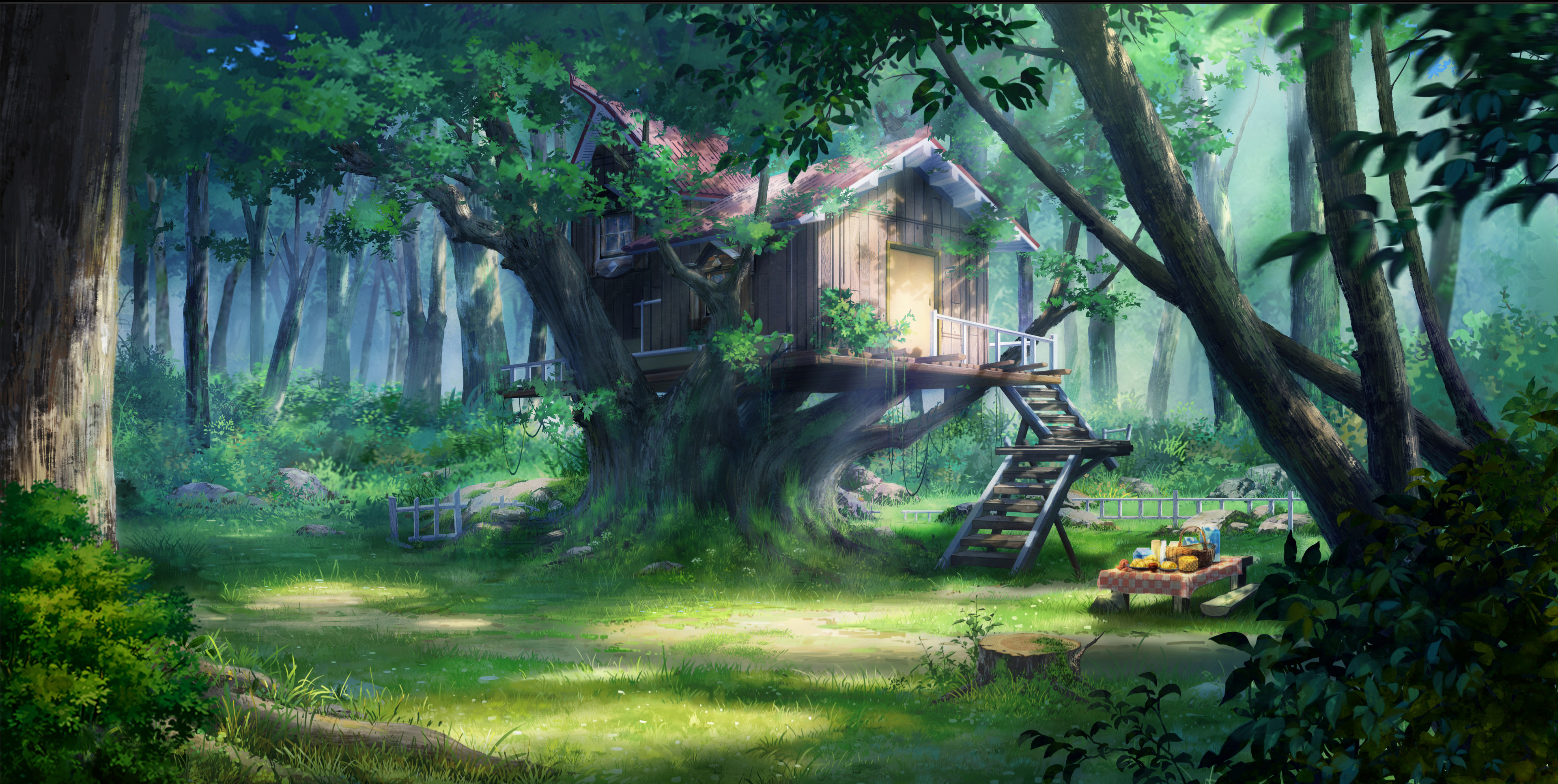 General 3840x1933 digital art artwork illustration landscape nature forest trees tree house house grass picnic