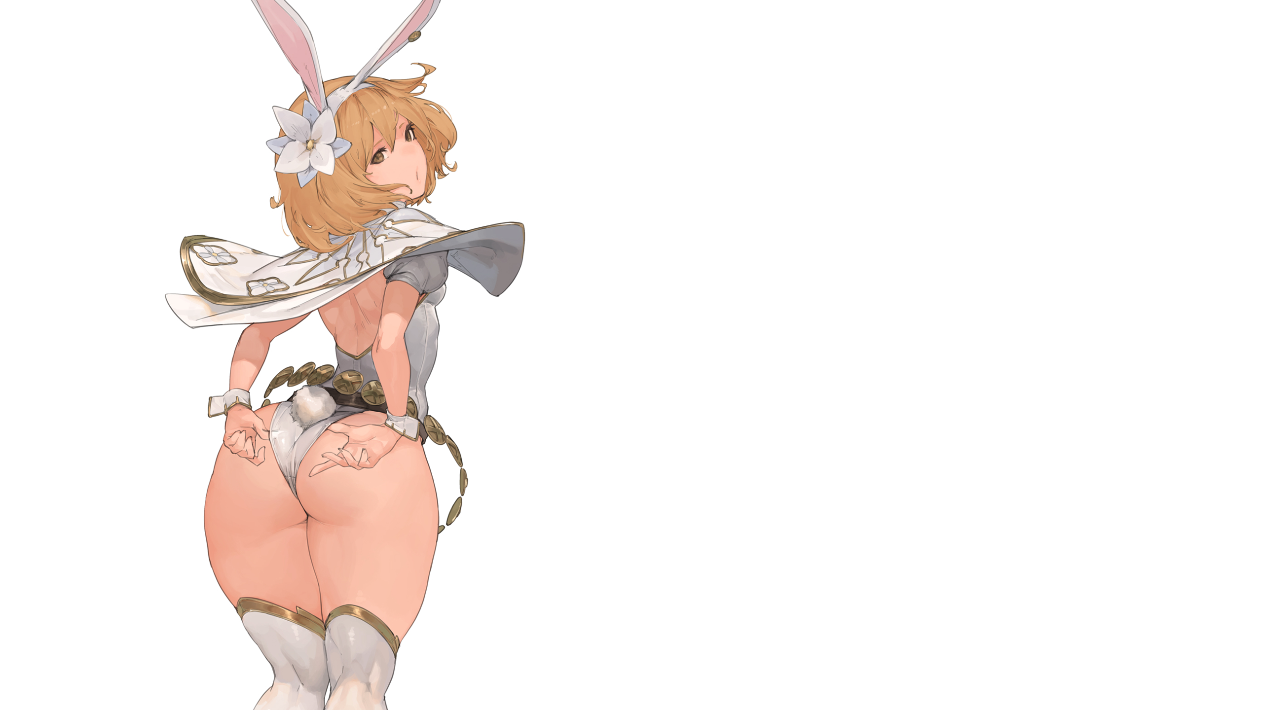 Anime 2560x1440 anime anime girls ecchi Djeeta (Granblue Fantasy) video game girls white background simple background minimalism bunny girl bunny ears leotard white leotard bodysuit white bodysuit ass thick ass thighs thick thigh NineplusN Granblue Fantasy flower in hair bunny tail looking back looking at viewer