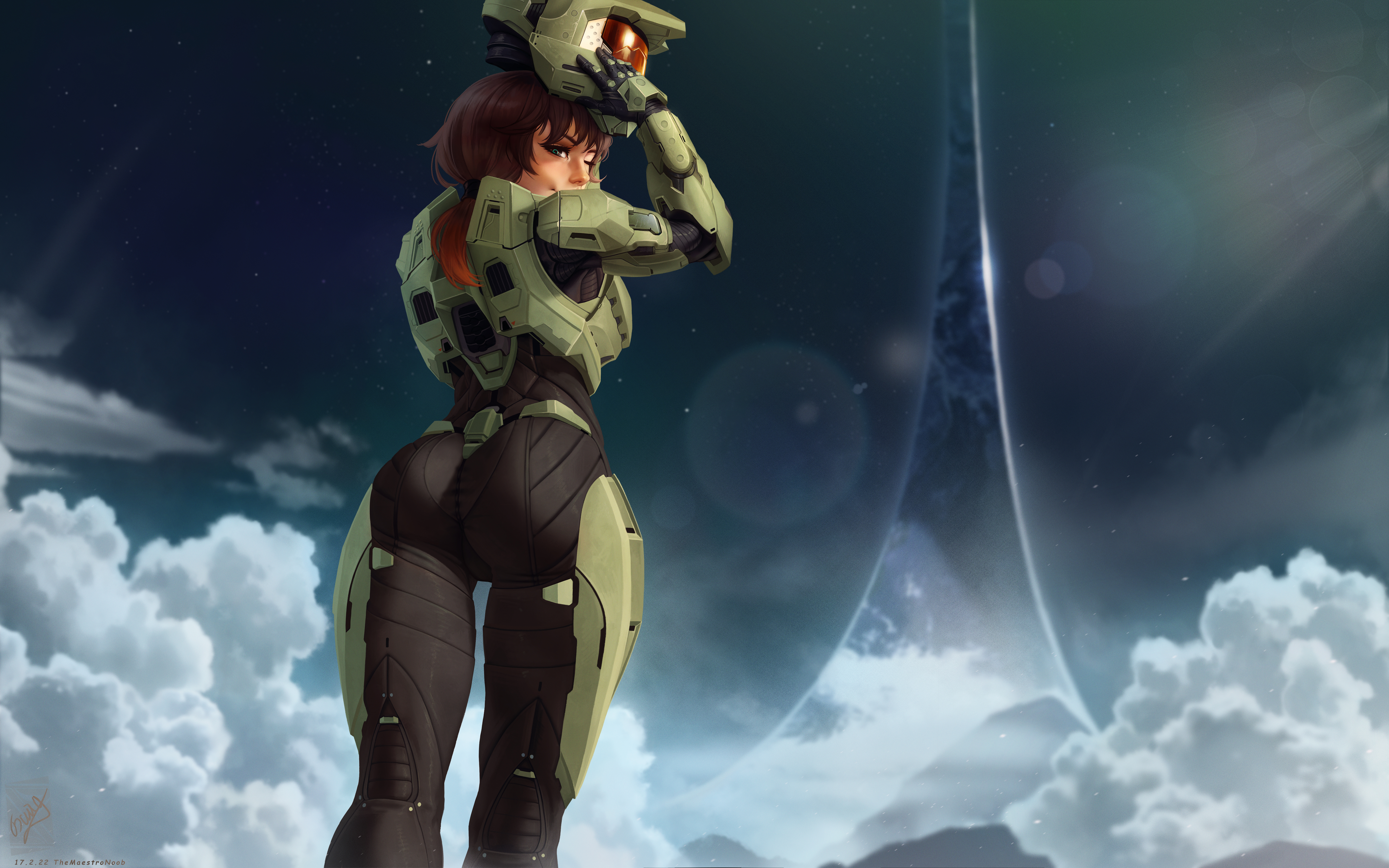 General 6000x3750 Halo (game) Master Chief (Halo) space green armor ponytail TheMaestroNoob ass looking back one eye closed wink helmet looking at viewer clouds women digital art video games