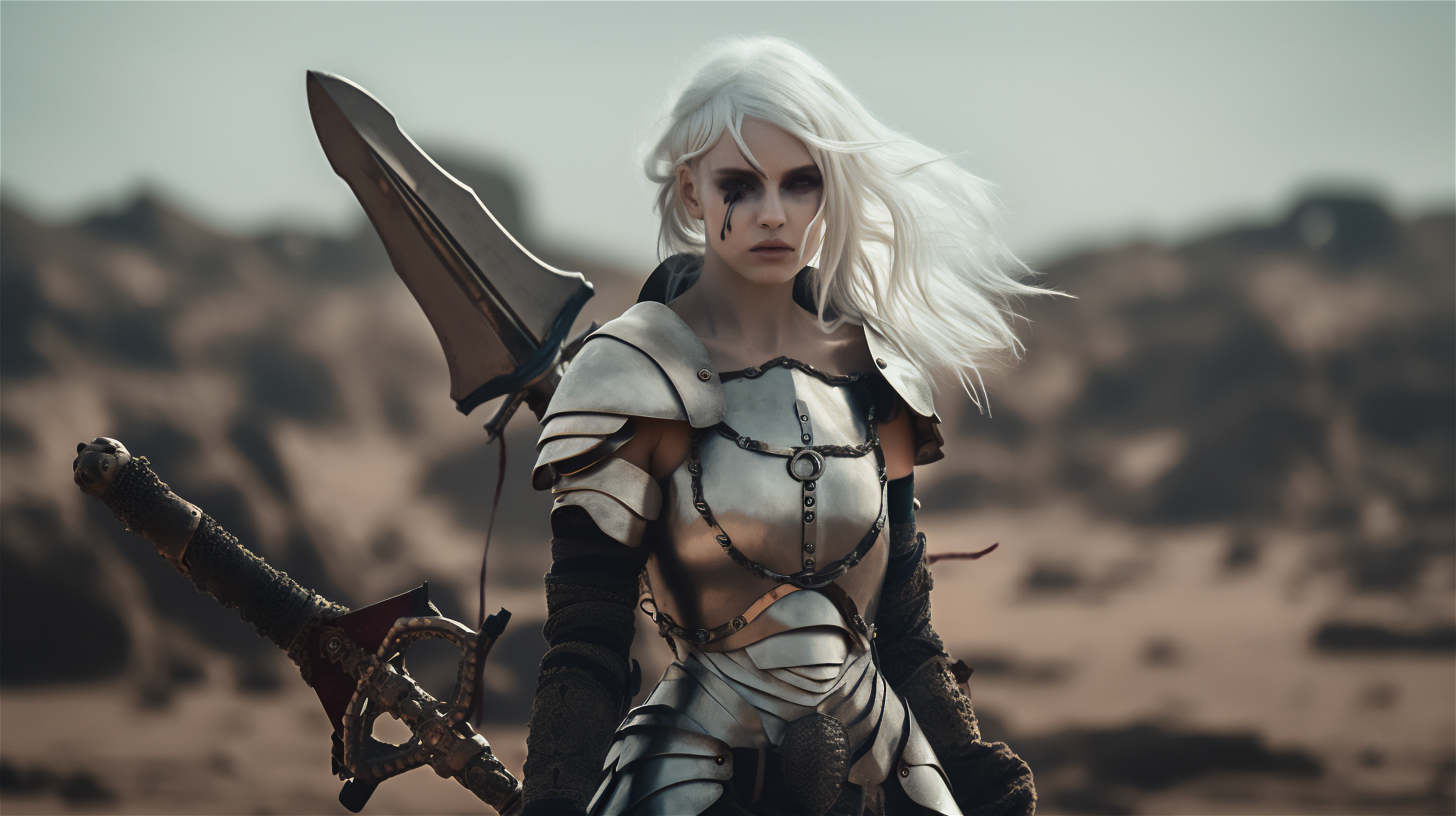 General 2912x1632 AI art women warrior white hair armor sword cosplay looking at viewer weapon