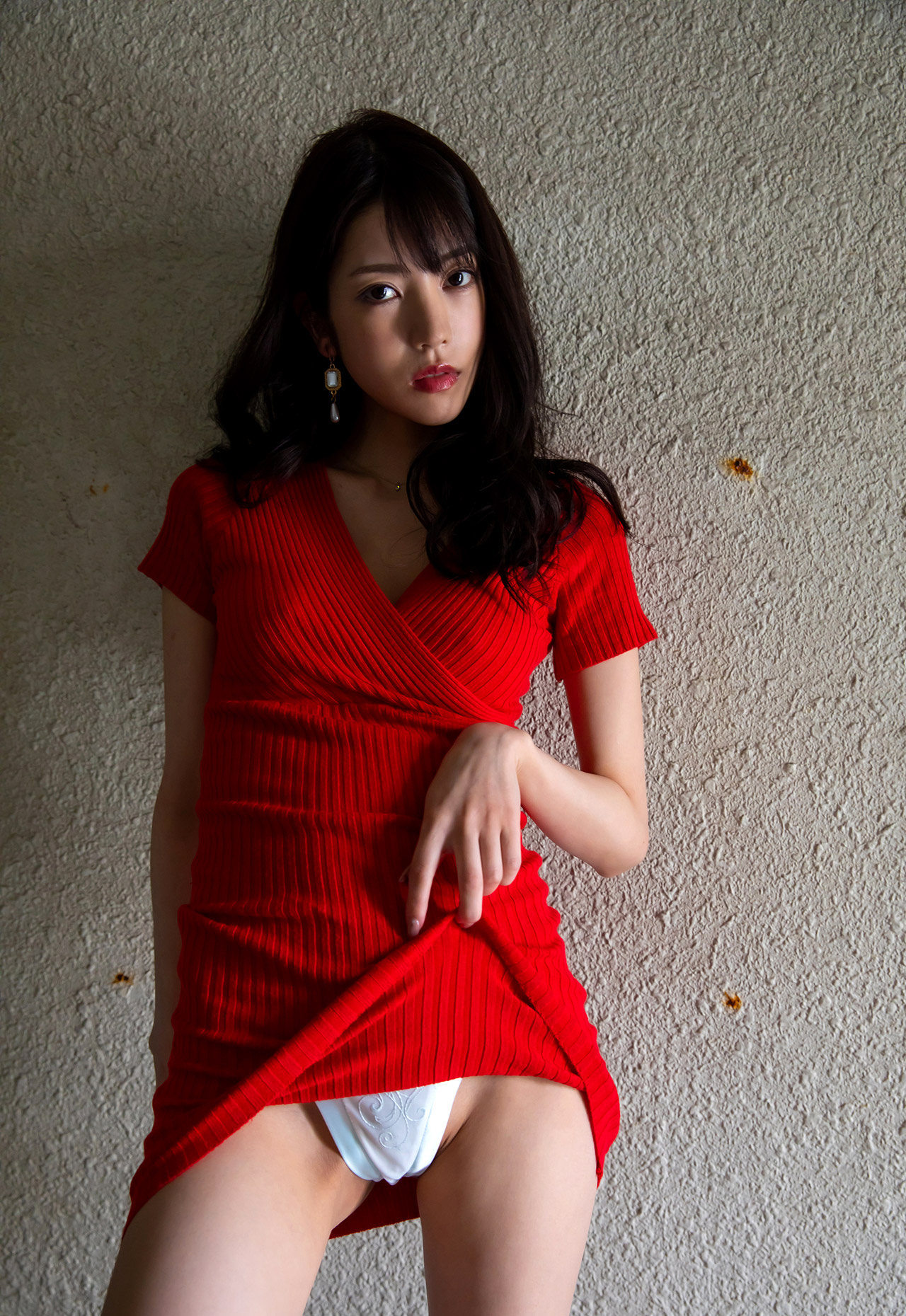 People 1280x1860 Kaede Karen women Asian dark hair red clothing lifting clothes panties wall