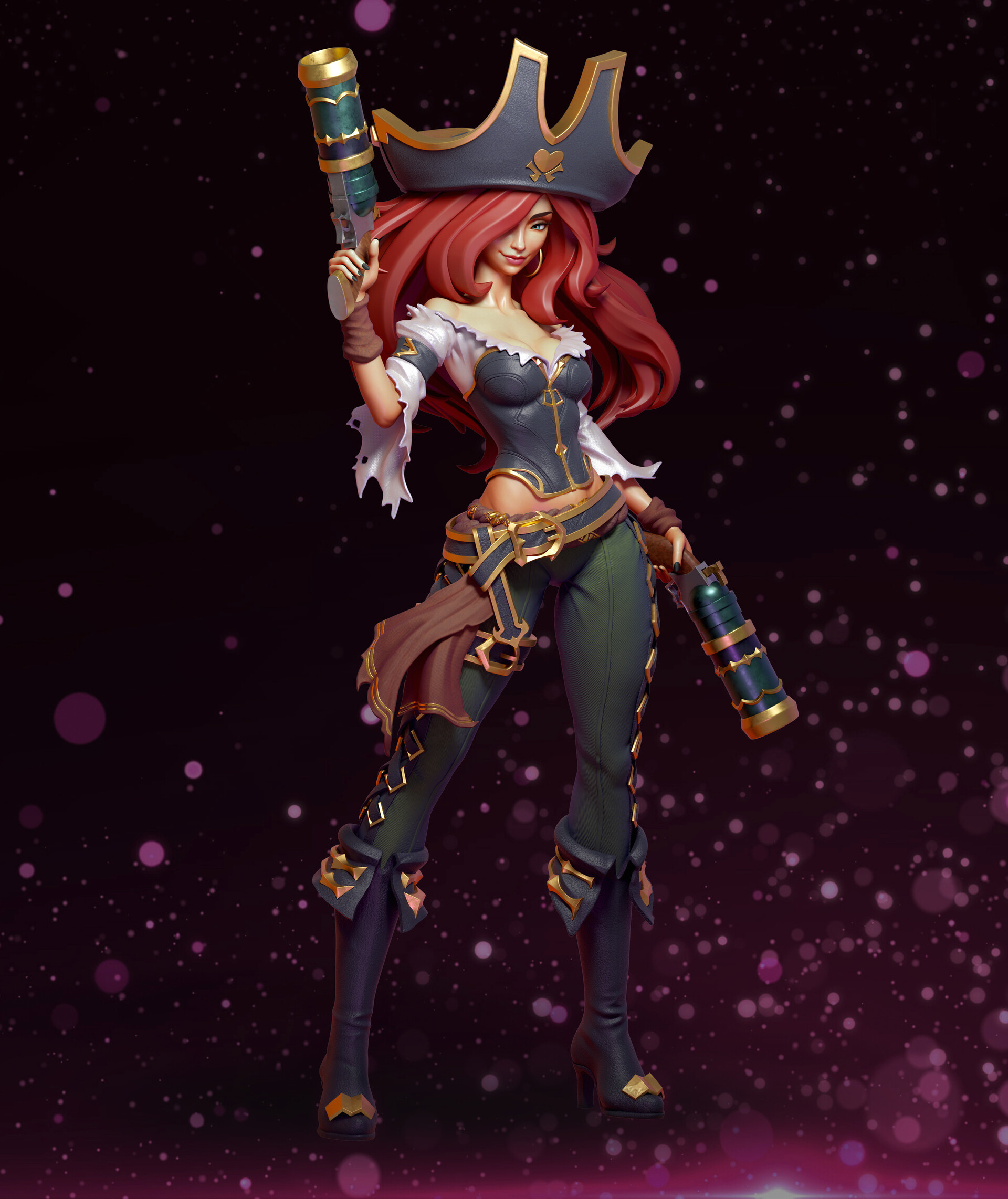 General 1920x2284 Cifangyi CGI League of Legends women Miss Fortune (League of Legends) pirate girl purple portrait display pirate hat gun girls with guns simple background minimalism redhead hair over one eye earring hoop earrings pirates
