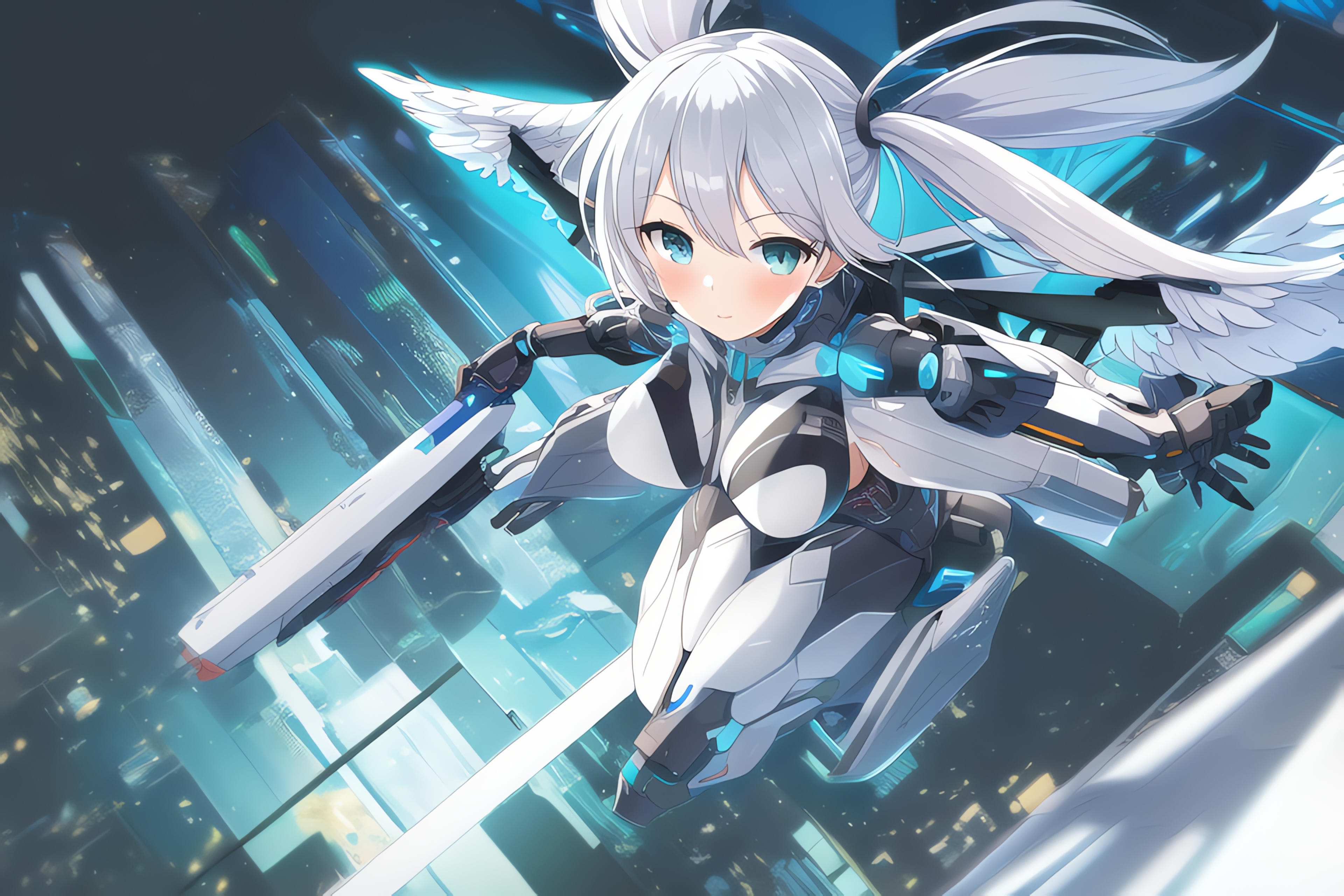 Anime 3840x2560 AI art anime girls Mech suits weapon wings blushing looking at viewer big boobs