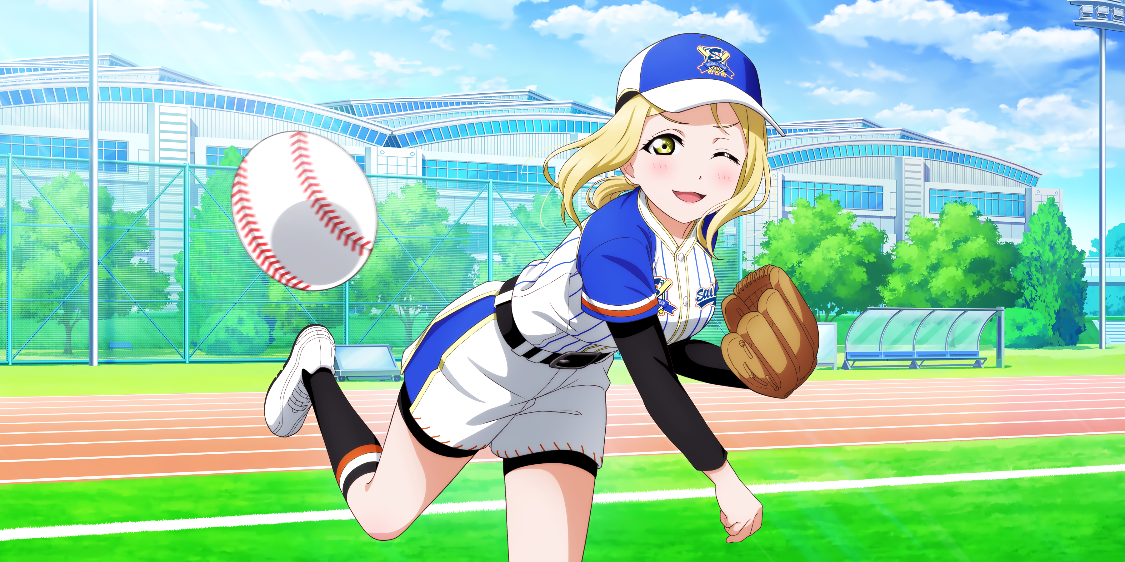 Anime 3600x1800 Ohara Mari Love Live! Sunshine Love Live! anime anime girls baseball baseball glove baseball cap one eye closed clouds sunlight