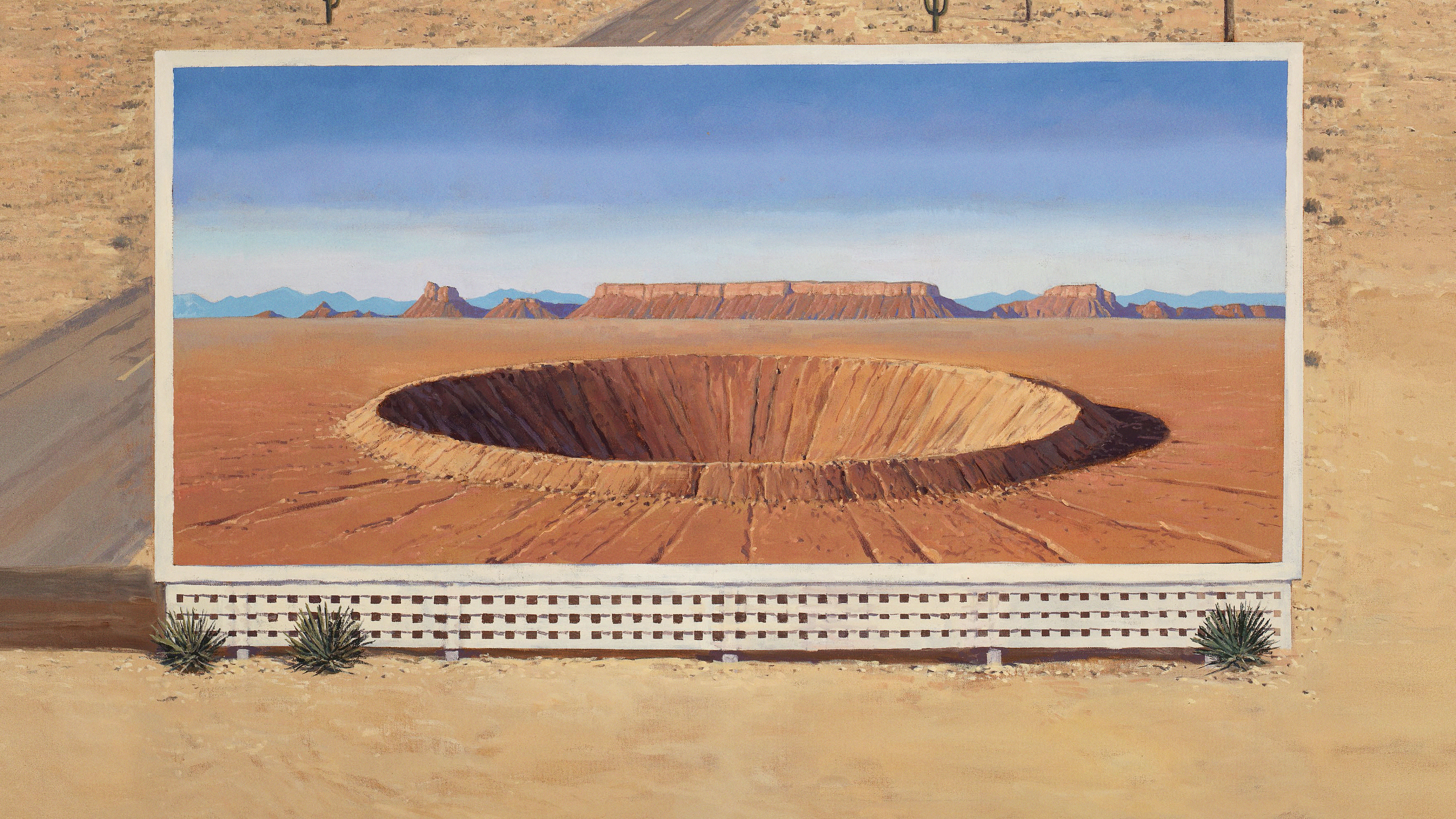 General 3517x1978 Asteroid City (movie) poster movies Wes Anderson digital art desert canyon rock formation asteroid billboards