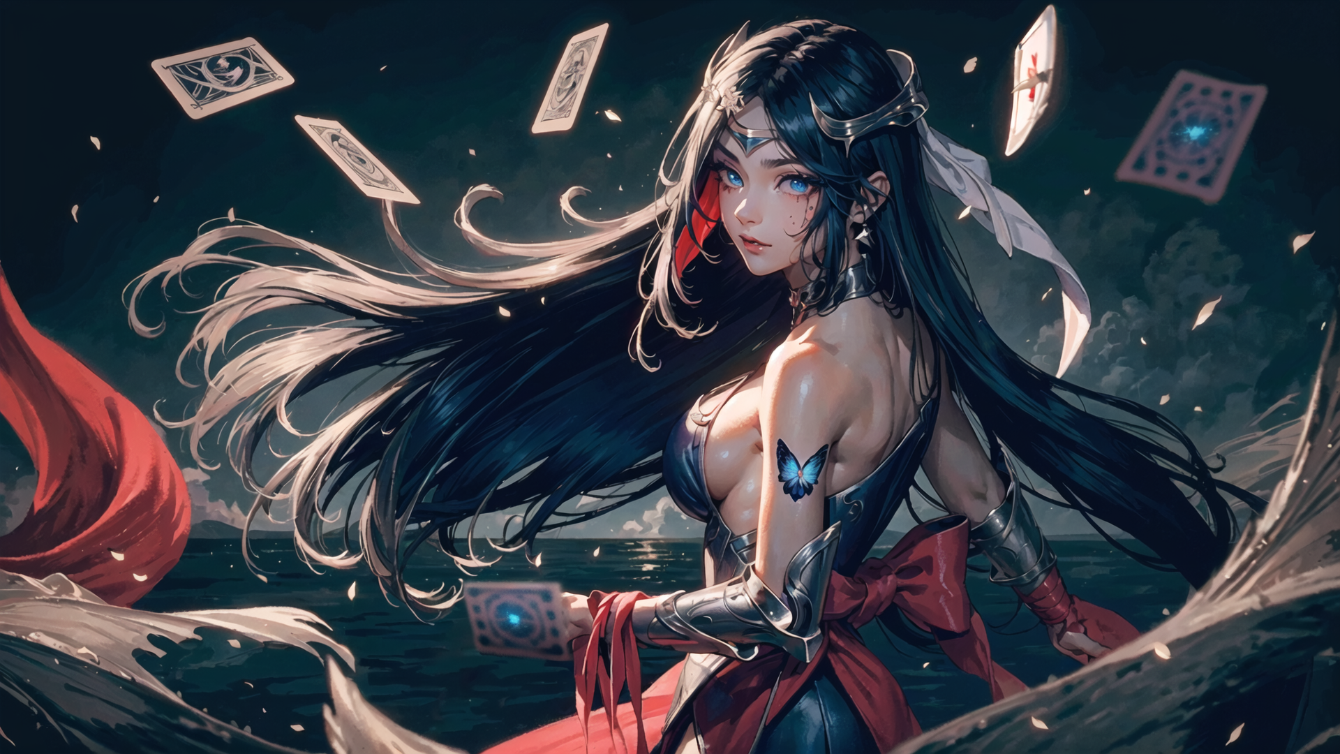 General 1920x1080 League of Legends Irelia (League of Legends) solo AI art dark hair black hair blue eyes water sea tarot cards playing cards mature women red ribbon smiling cloth Illumie dark dark background night smudged makeup makeup moles sideboob butterfly bare shoulders armor looking at viewer