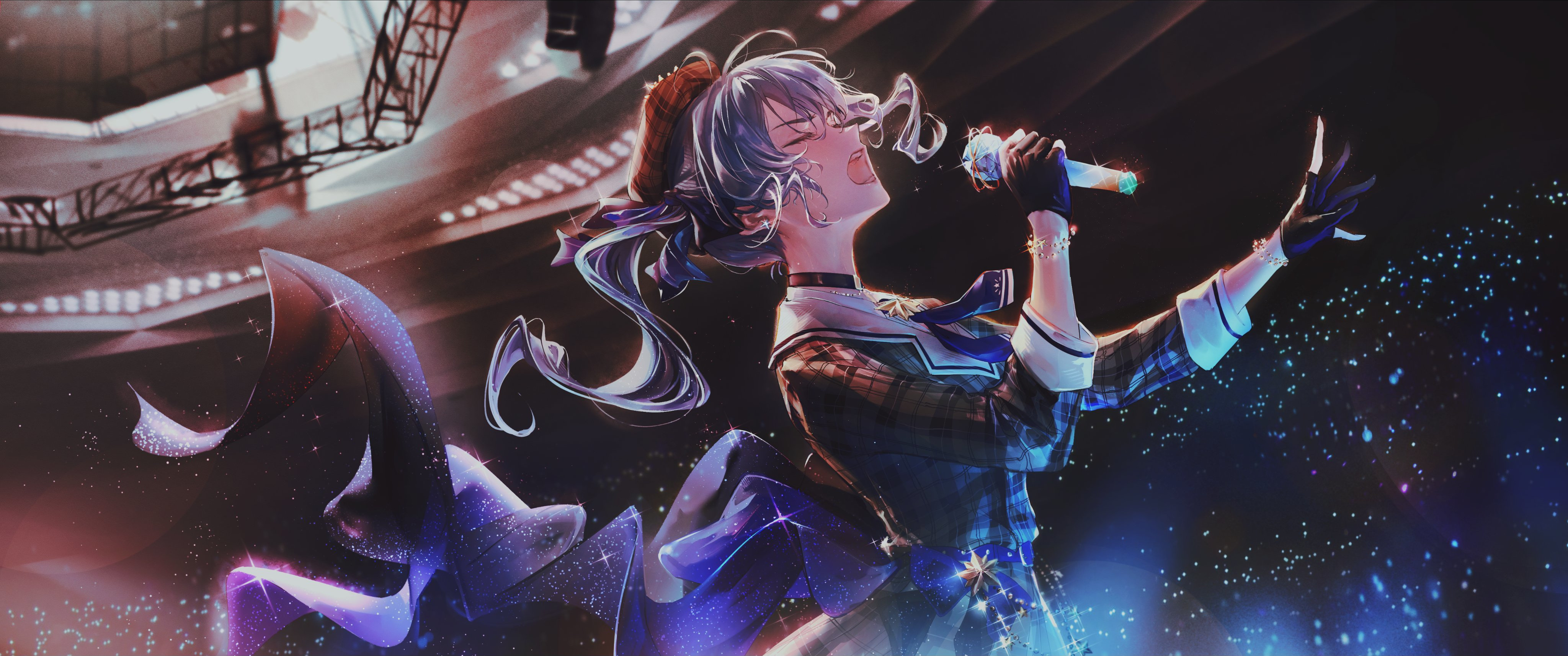 Anime 4096x1714 Virtual Youtuber Hololive Hoshimachi Suisei singer stages Hyde (Artist) anime girls singing microphone gloves closed eyes choker