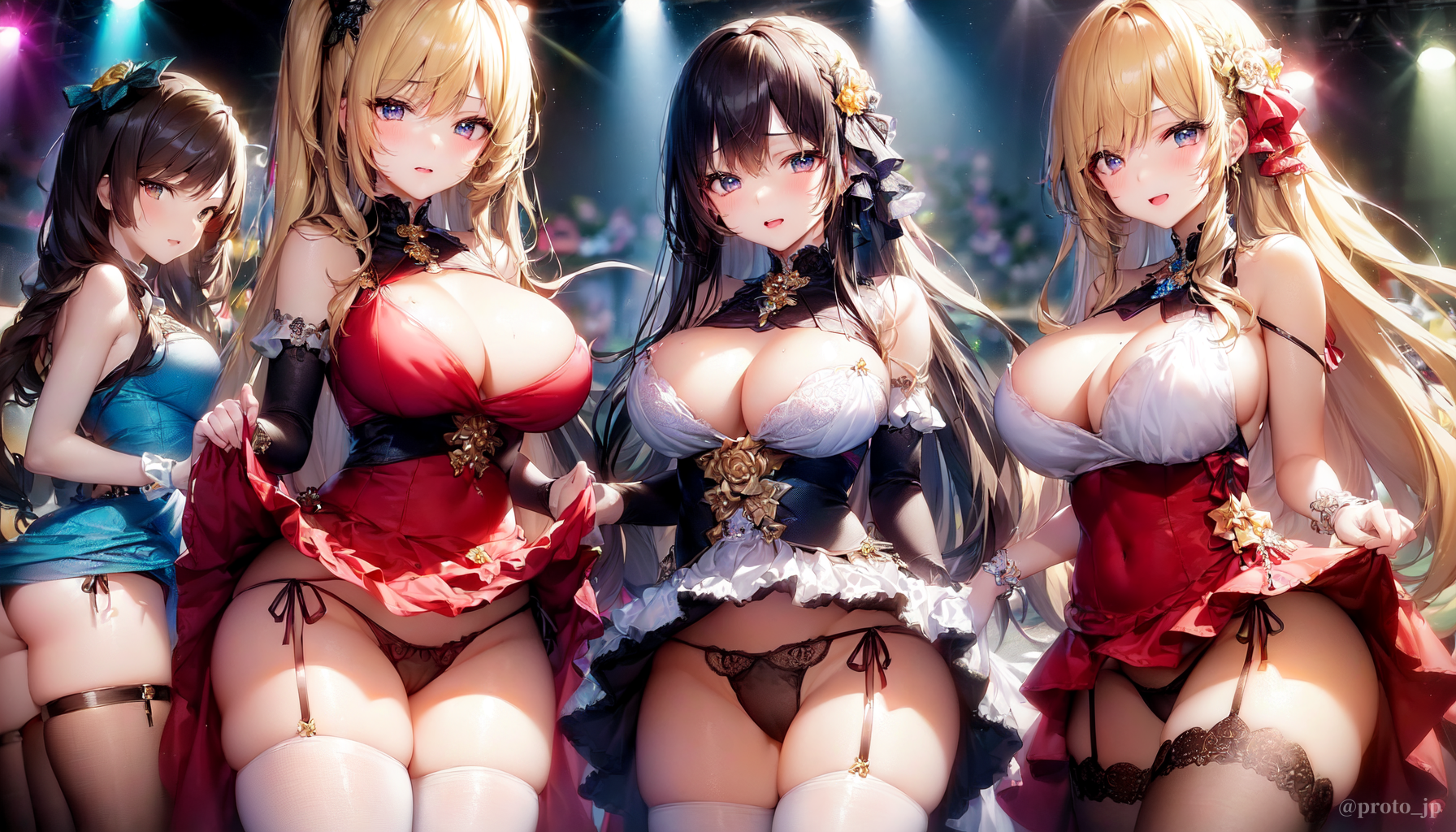 Anime 1792x1024 AI art Pixiv harem group of women big boobs women quartet panties lifting clothes thighs long hair looking at viewer garter straps stockings blonde black hair hair ornament minidress detached sleeves blushing cleavage embarrassed open mouth smiling anime girls lifting skirt upskirt cleavage cutout ass