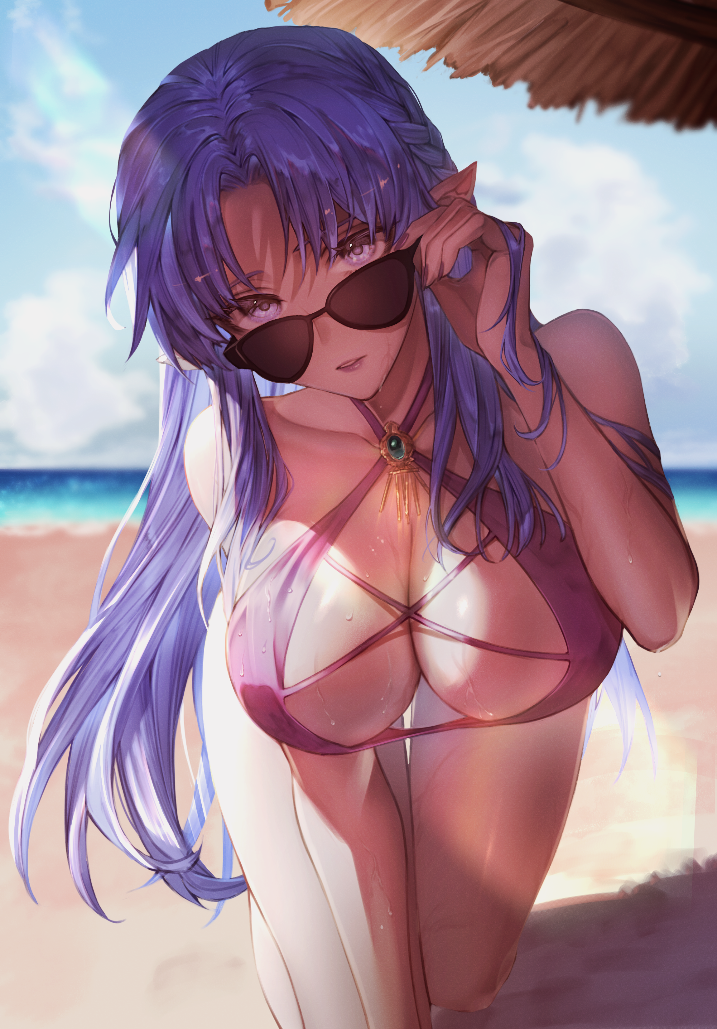 Anime 2300x3300 anime girls anime Fate series portrait display Fate/Stay Night beach Fate/Grand Order wet big boobs wet body purple swimsuit glasses makeup long hair purple hair pink eyes pointy ears cleavage looking at viewer sunglasses depth of field bent over clouds sky women on beach bare shoulders Kokollet water sunlight Caster (Fate/Stay Night) hanging boobs Pixiv