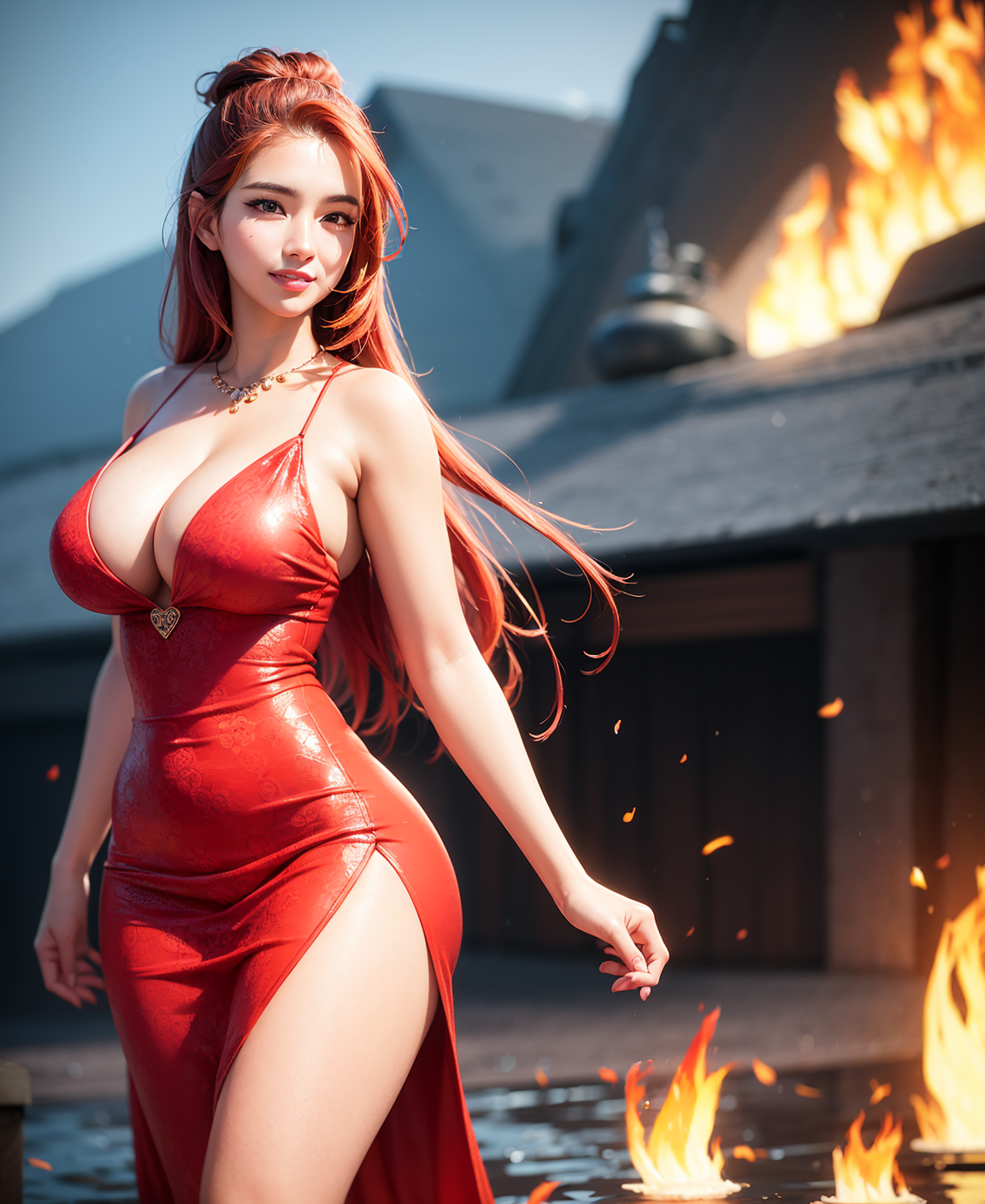 AIbot, big boobs, thighs, women, Asian, looking at viewer, redhead,  cleavage, AI art, tight dress, fire, portrait display, dress, tight  clothing, red dress