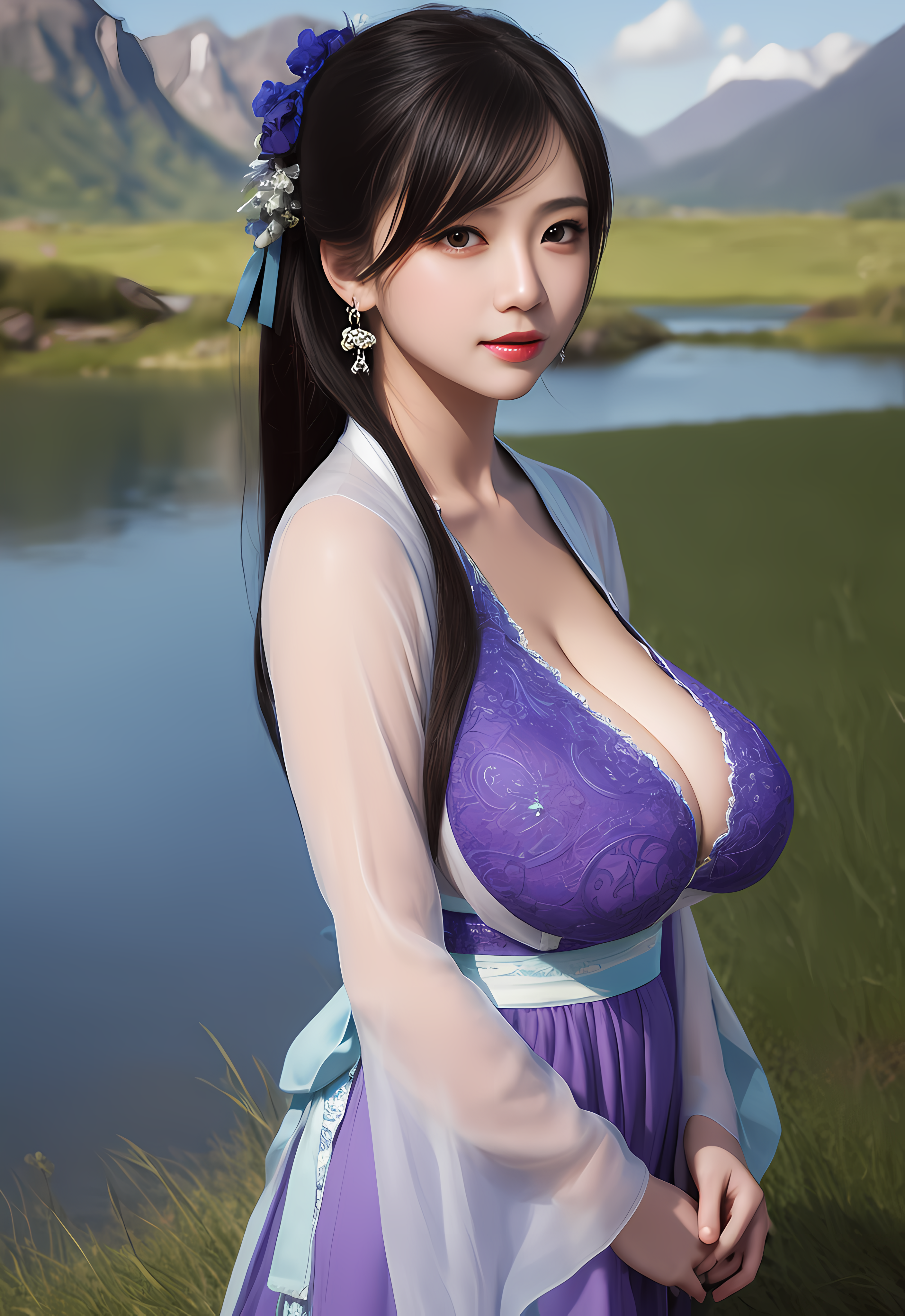 General 2816x4096 Asian Chinese women looking at viewer AI art Stable Diffusion cleavage dress artwork Pastania big boobs portrait display water grass flower in hair nude