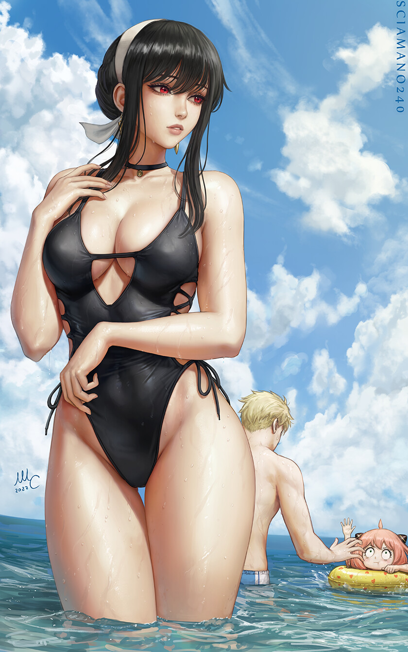Anime 840x1340 Mirco Cabbia drawing women Yor Forger red eyes hairband cleavage clouds water swimwear in water Anya Forger Loid Forger black hair black swimsuit portrait display