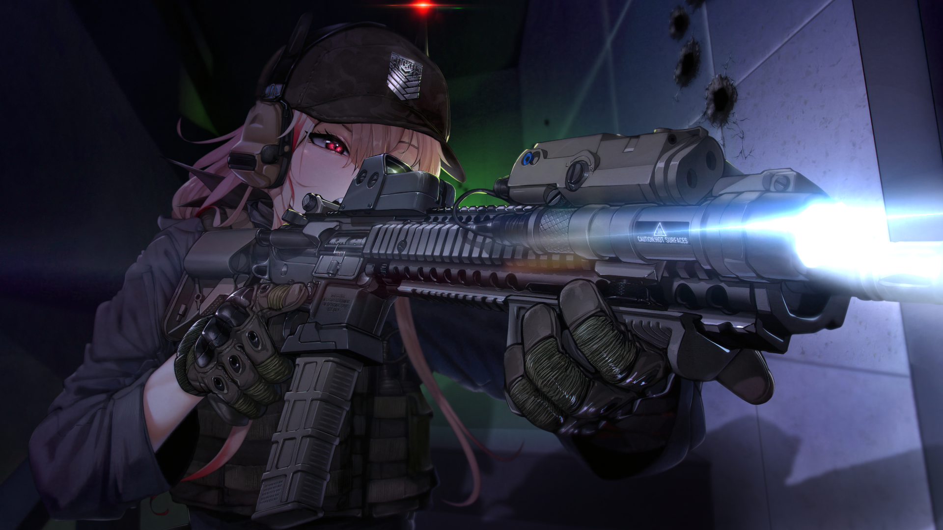 Anime 1920x1080 military anime girls red eyes girls with guns gun hat Girls Frontline M4 SOPMOD II (Girls Frontline)