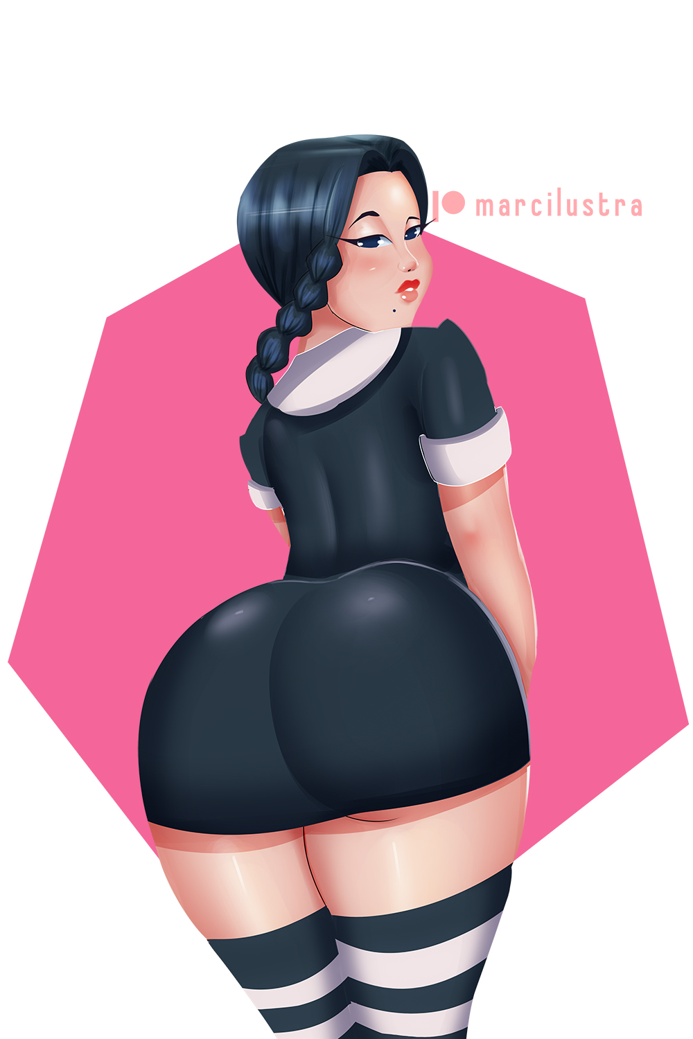 Anime 1000x1500 Wednesday Addams fan art simple background ass curvy thick ass thick body looking back looking at viewer tight clothing tight dress ecchi Marci Lustra
