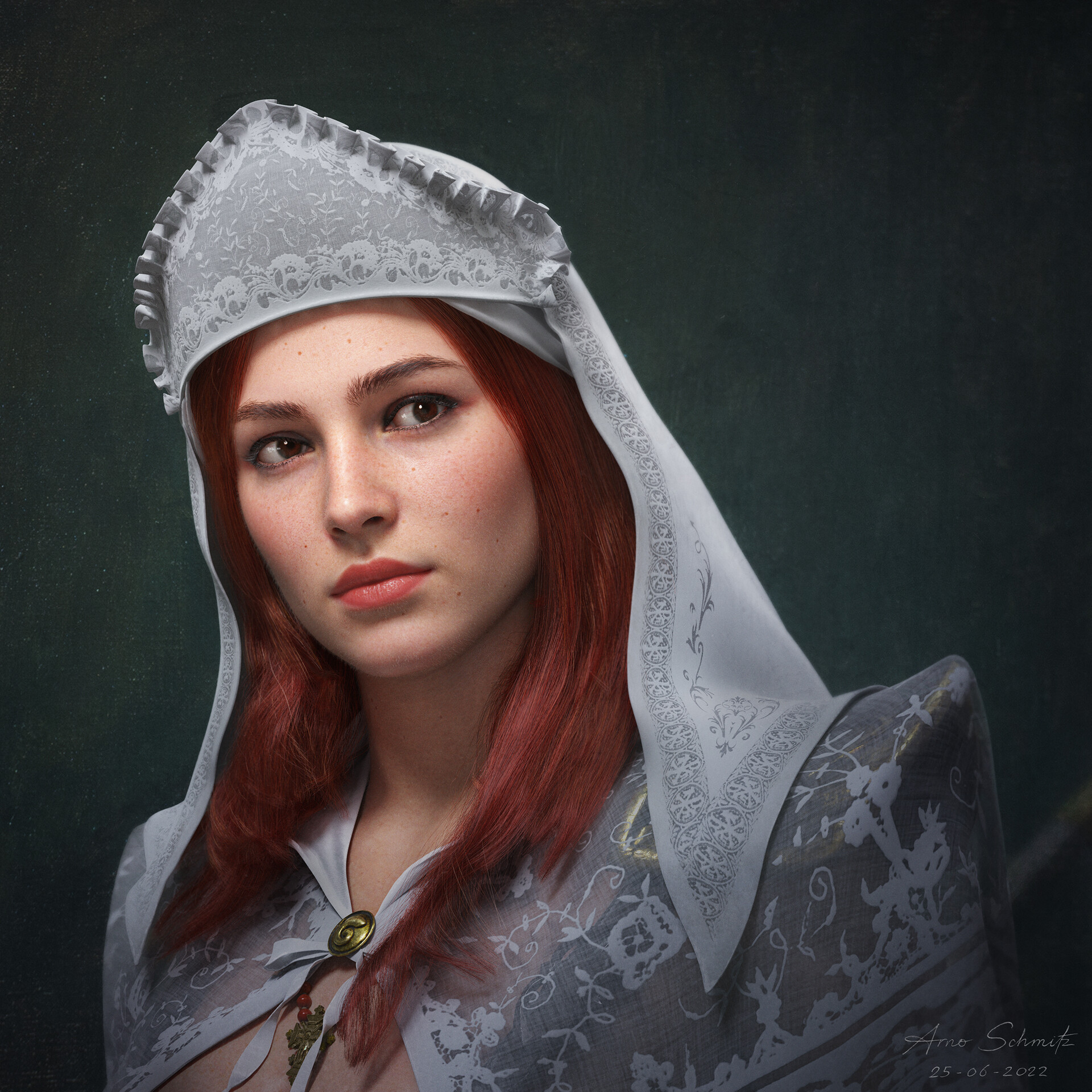 General 1920x1920 Arno Schmitz CGI women redhead cleric veils white clothing brown eyes looking away freckles simple background portrait