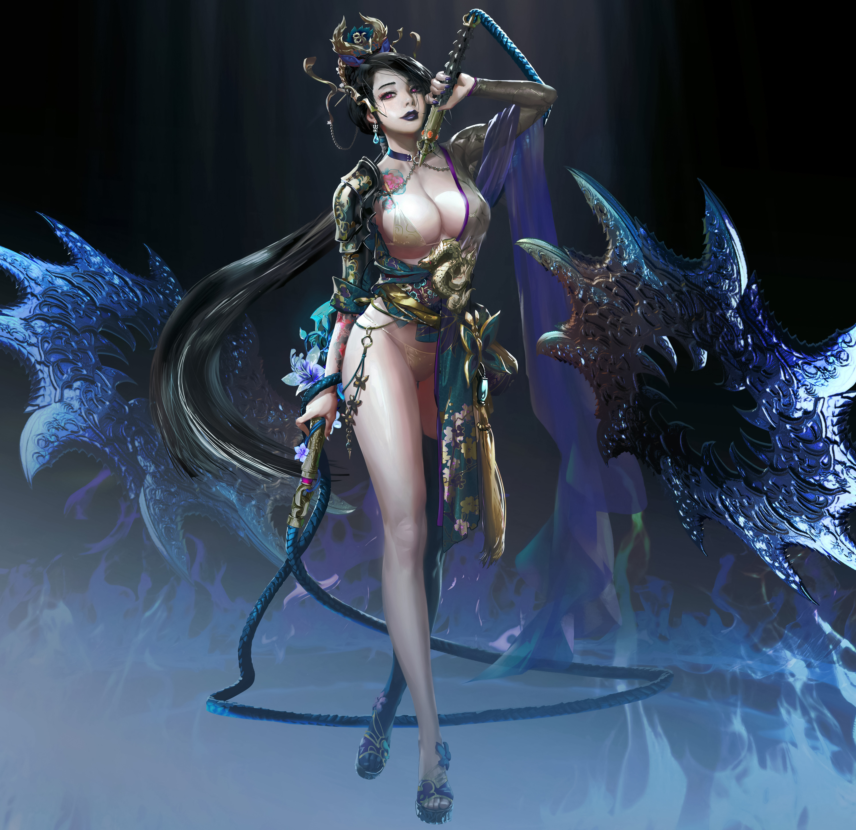 General 2991x2901 Seunghee Lee drawing women Asian hair accessories skimpy clothes lipstick weapon whips blades fantasy art blue flames
