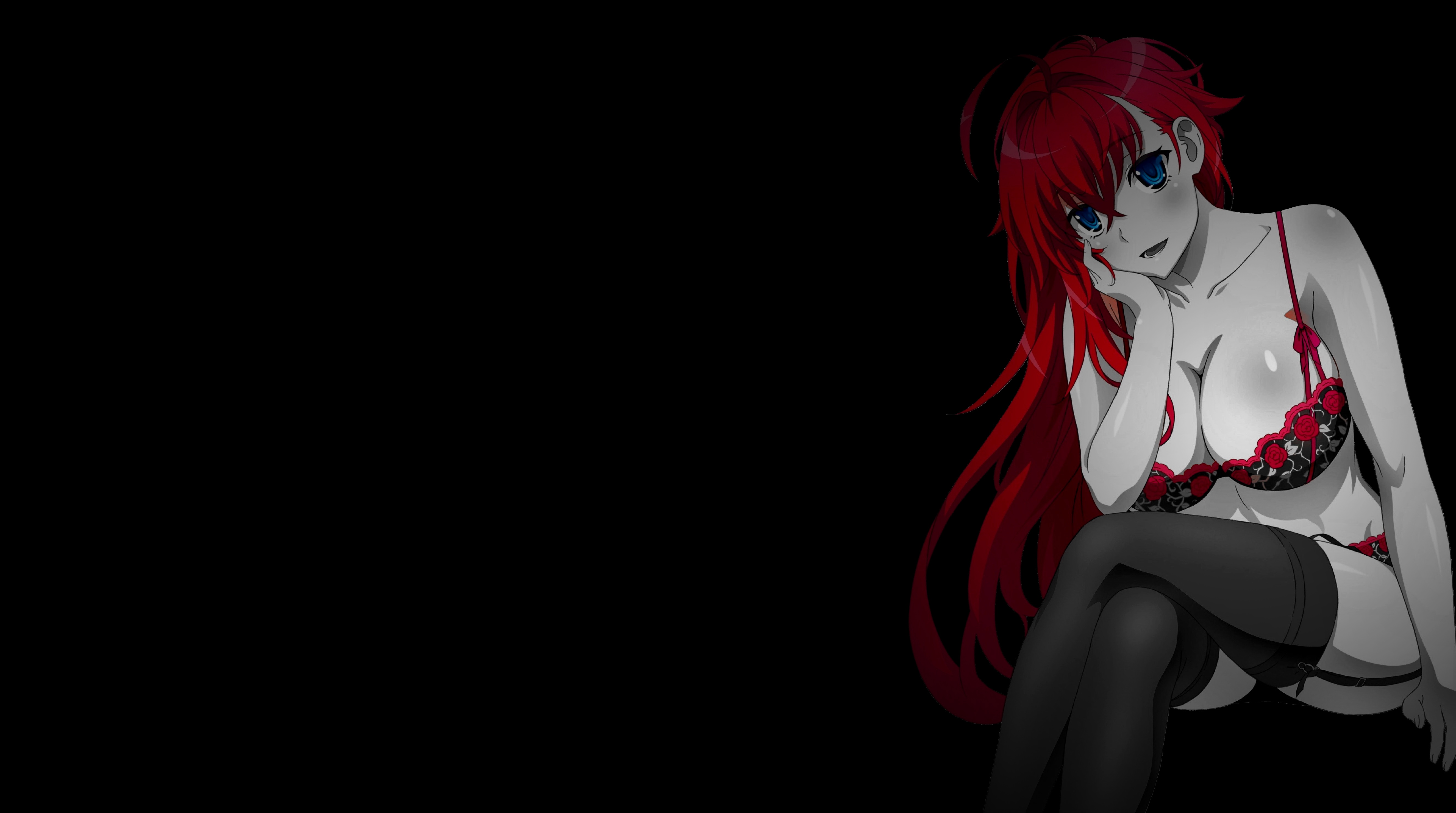 Anime 5300x2960 black background dark background simple background anime girls selective coloring cleavage big boobs underwear stockings garter belt Gremory Rias High School DxD