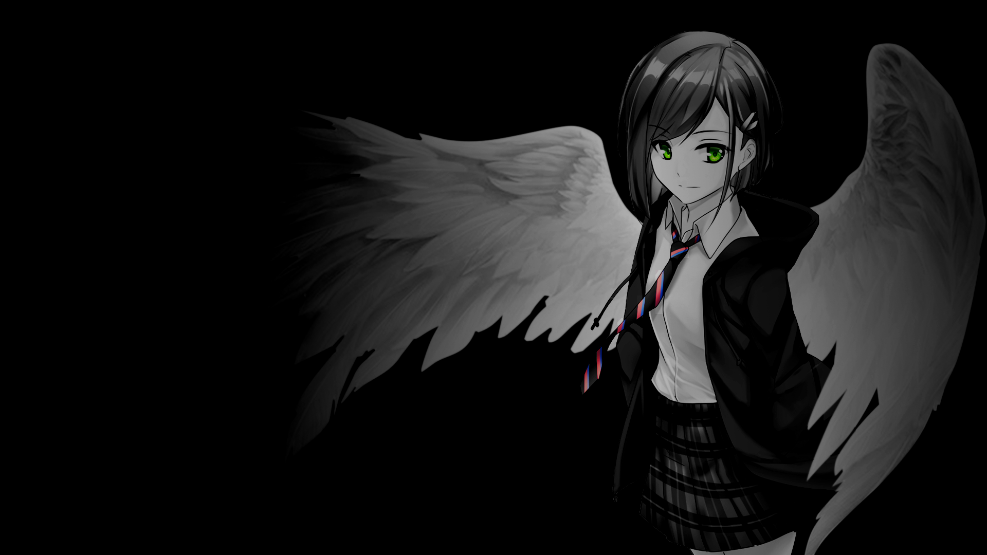 Anime 1920x1080 anime girls selective coloring black background simple background dark background wings