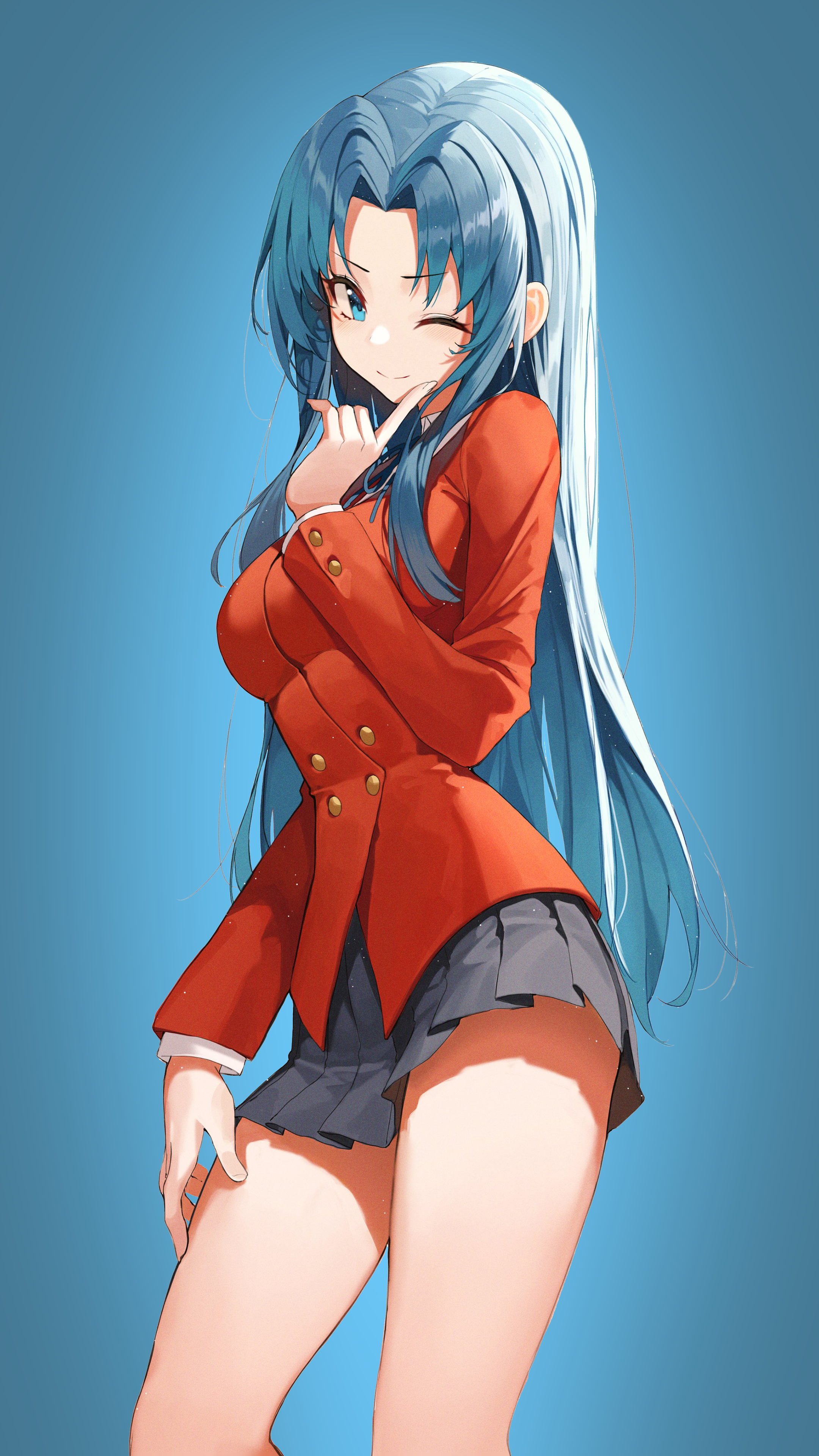 Anime 2160x3840 anime girls anime 2D looking at viewer portrait portrait display skirt red shirt wink blue hair Pro-p Toradora! Kawashima Ami thighs one eye closed long hair women aqua eyes red clothing blue background simple background standing