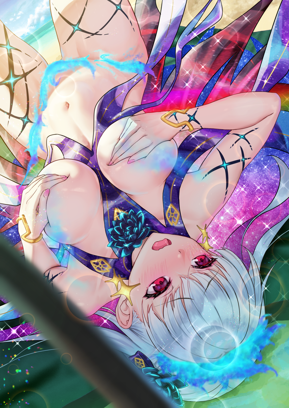 Anime 1011x1426 SOLar anime anime girls artwork Fate/Grand Order Fate series Kama (Fate/Grand order) silver hair red eyes blushing beach lying on back nude covering boobs