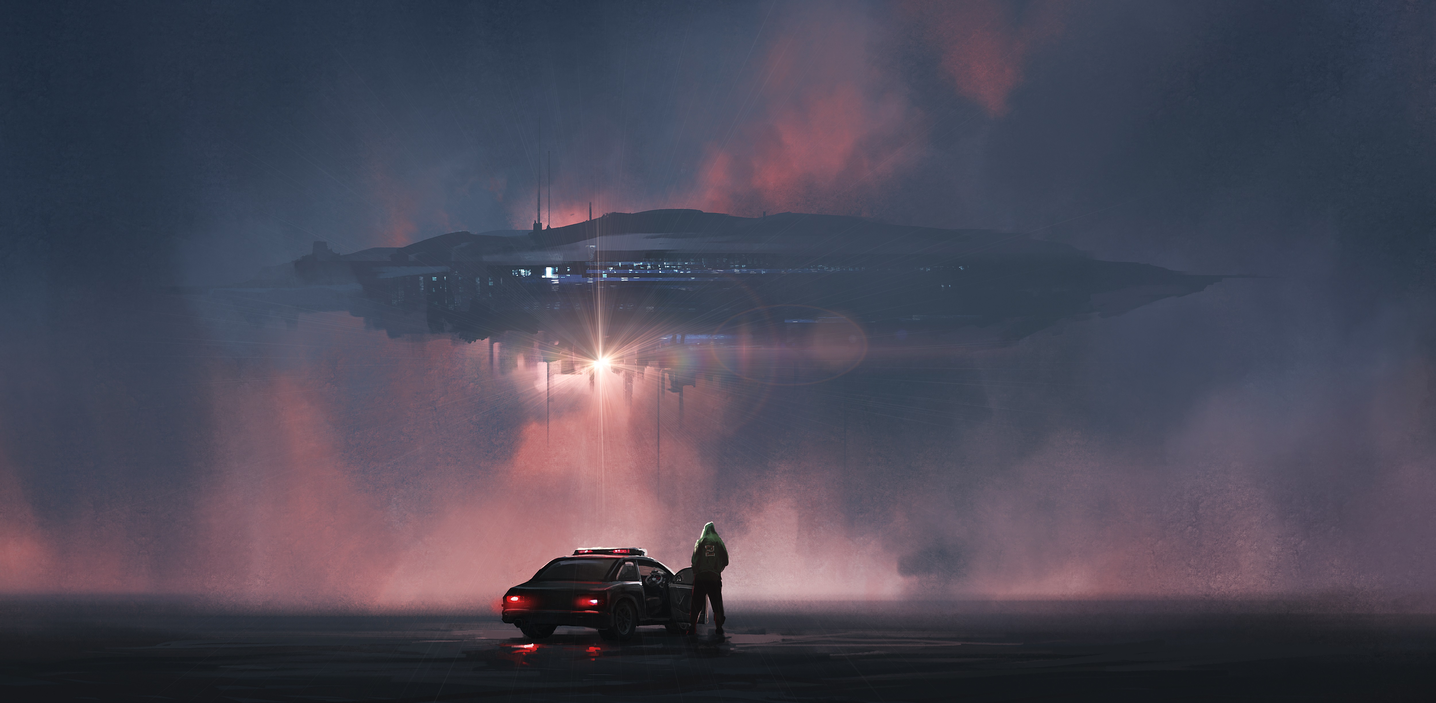 General 5000x2450 science fiction spaceship digital art artwork futuristic car men police cars lights mist clouds