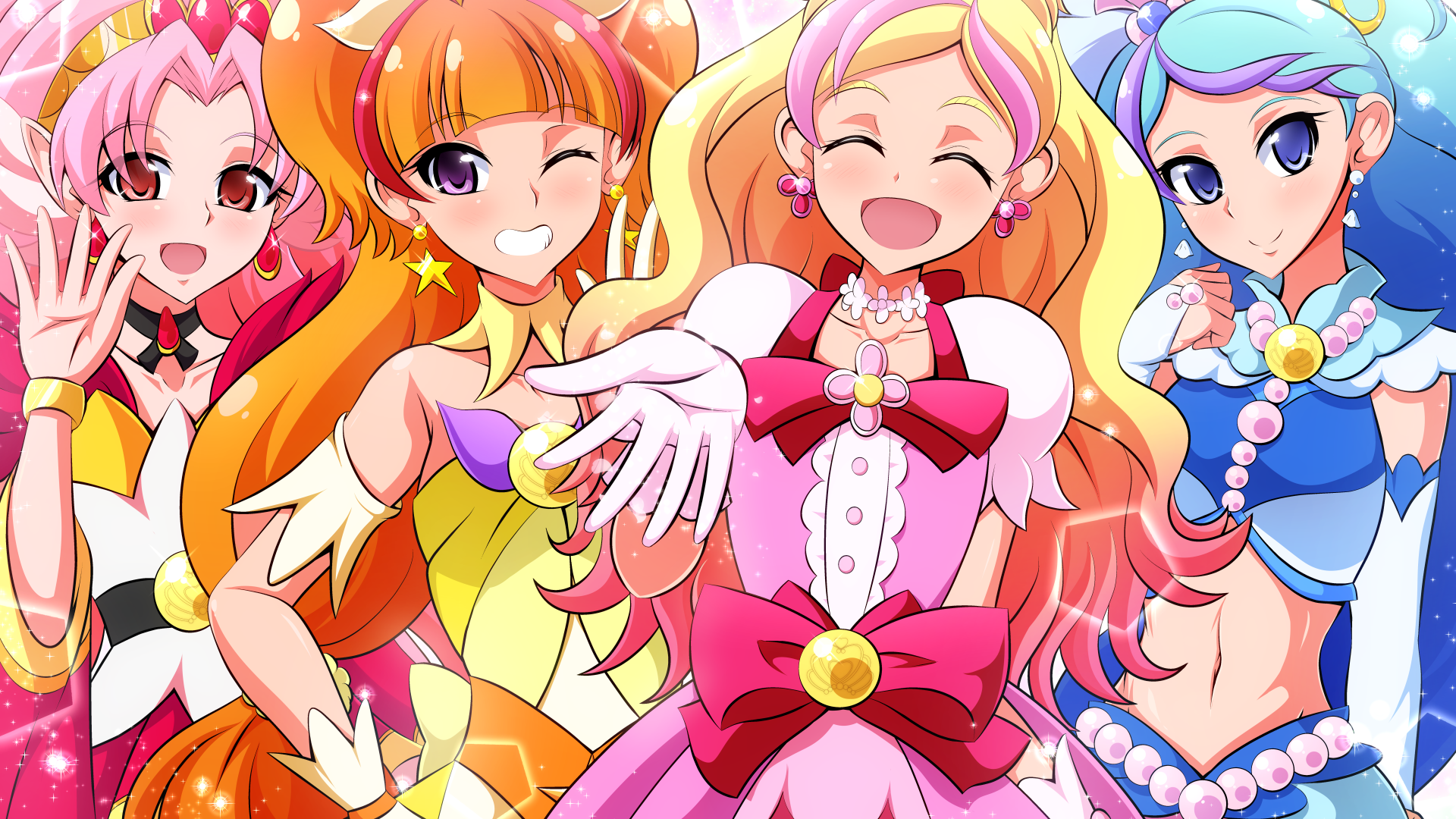 Anime 1920x1080 Pretty Cure Pixiv anime colorful anime girls group of women one eye closed dress belly closed eyes long hair open mouth looking at viewer