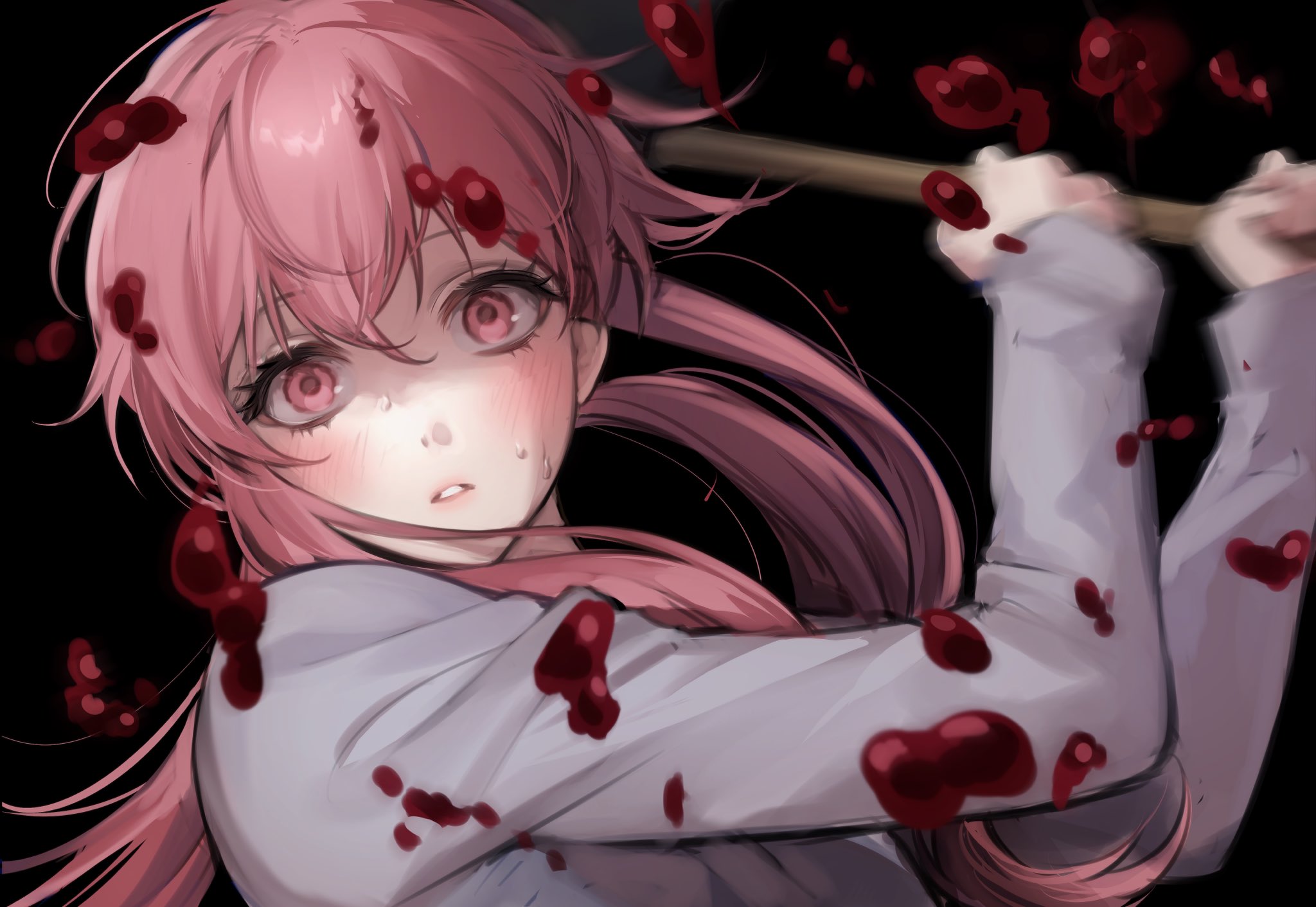 Anime 2048x1412 anime anime girls Gasai Yuno pink hair long hair pink eyes looking at viewer Mirai Nikki blood spatter blushing 2D fan art twintails bangs grey t-shirt arms up simple background parted lips solo black background artwork yandere blood