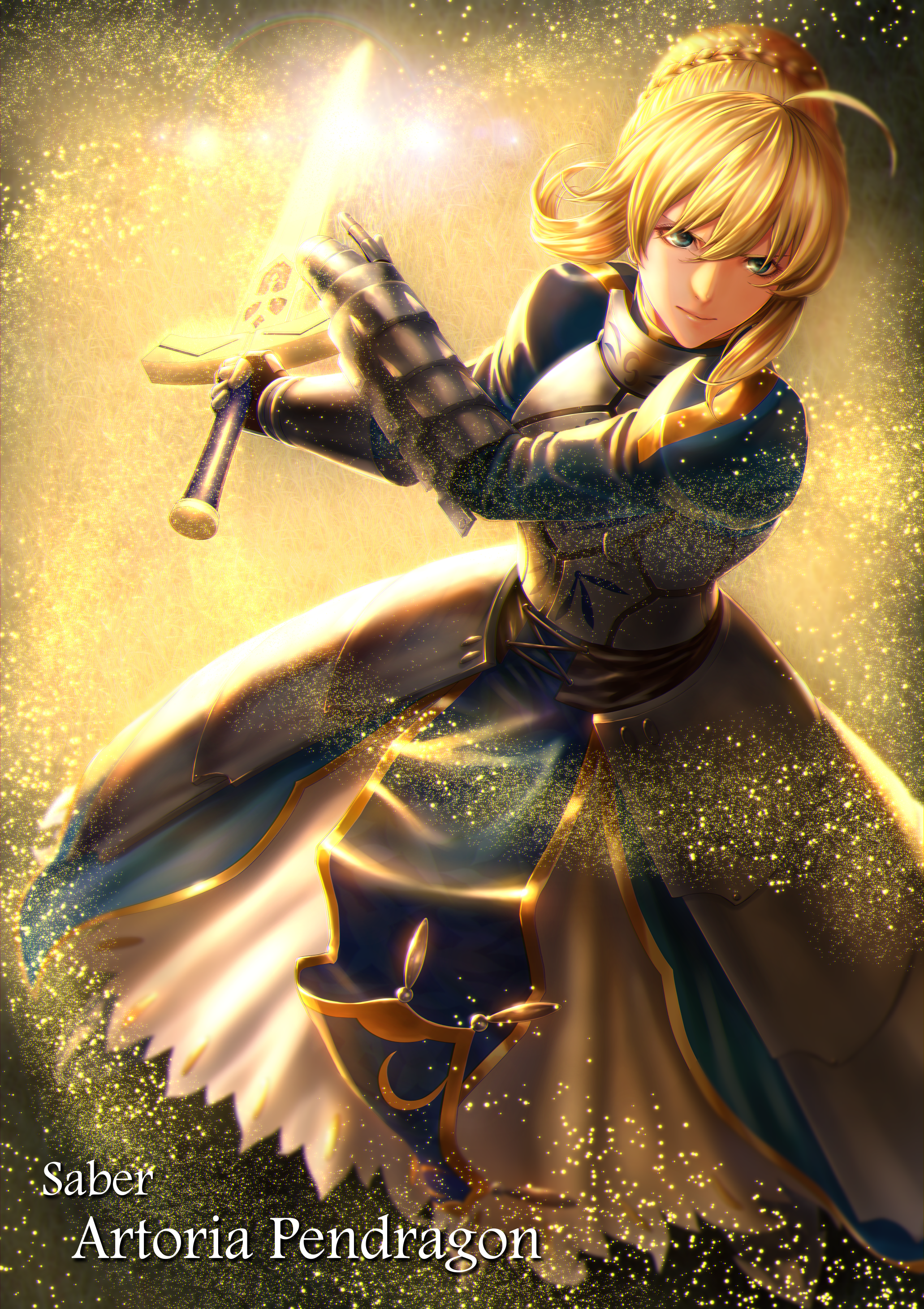 Anime 2062x2921 Fate/Zero Fate/Stay Night Fate series ahoge armored woman fan art 2D women with swords green eyes long hair bangs gauntlets blue dress Excalibur standing glowing anime girls Saber Artoria Pendragon portrait display anime female warrior blonde floating particles fantasy art artwork Mugetsu Illust