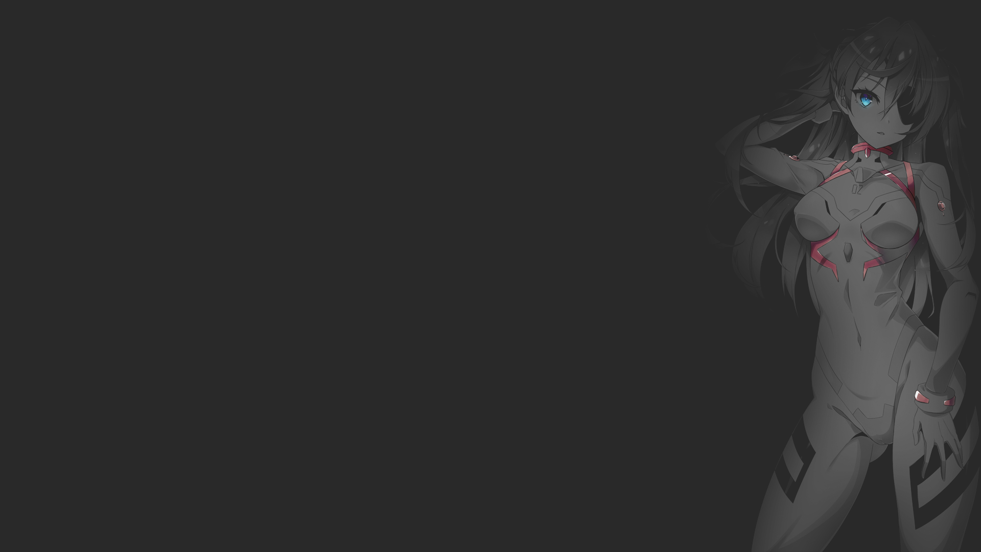 Anime 1920x1080 anime illustration monochrome dark background selective coloring Asuka Langley Soryu Ripe.C fan art eyepatches aqua eyes black background long hair standing looking at viewer bodysuit Neon Genesis Evangelion
