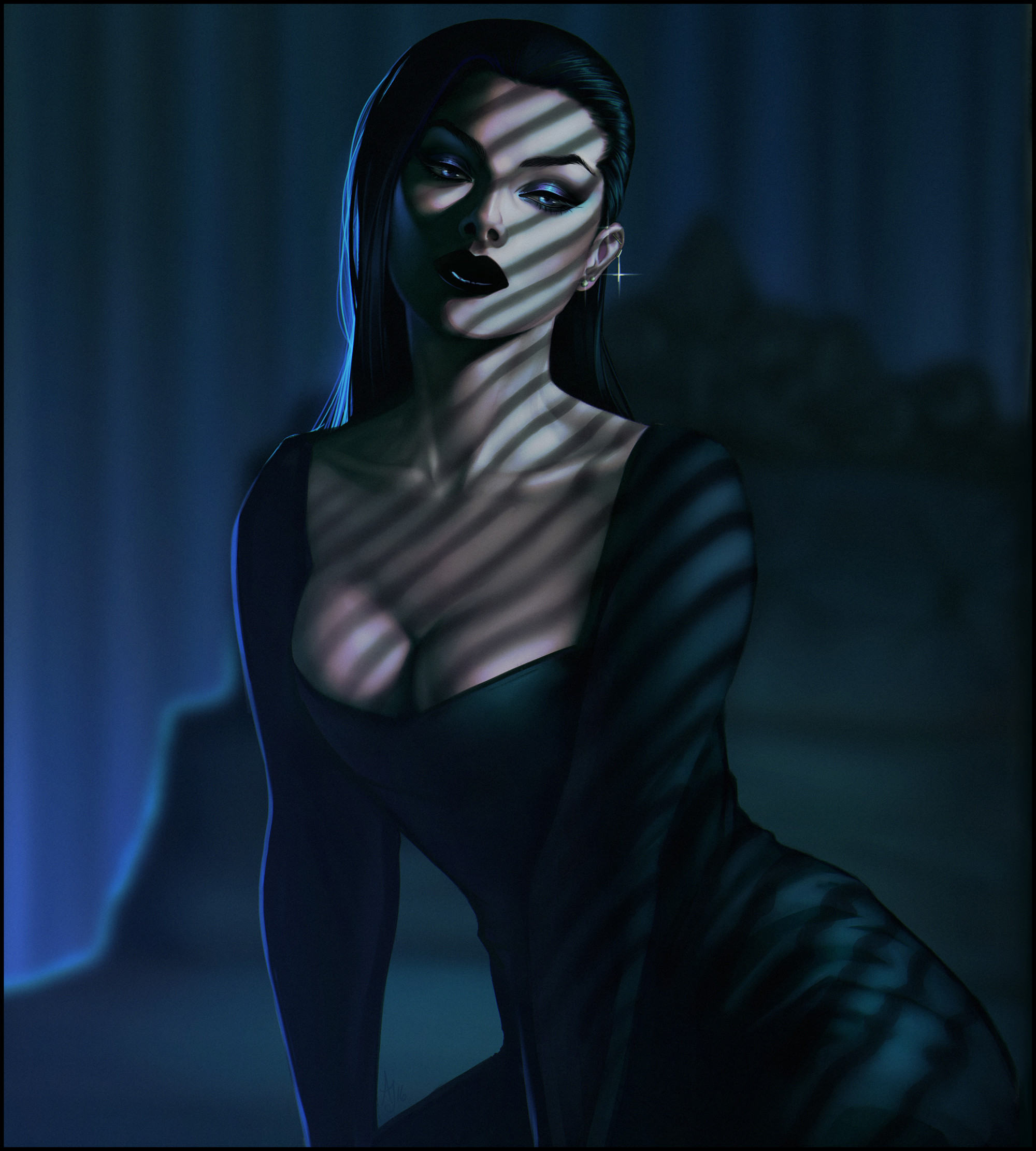 General 2000x2222 cleavage black dress looking away dark lipstick dark hair digital art portrait display digital painting women artwork ArtStation